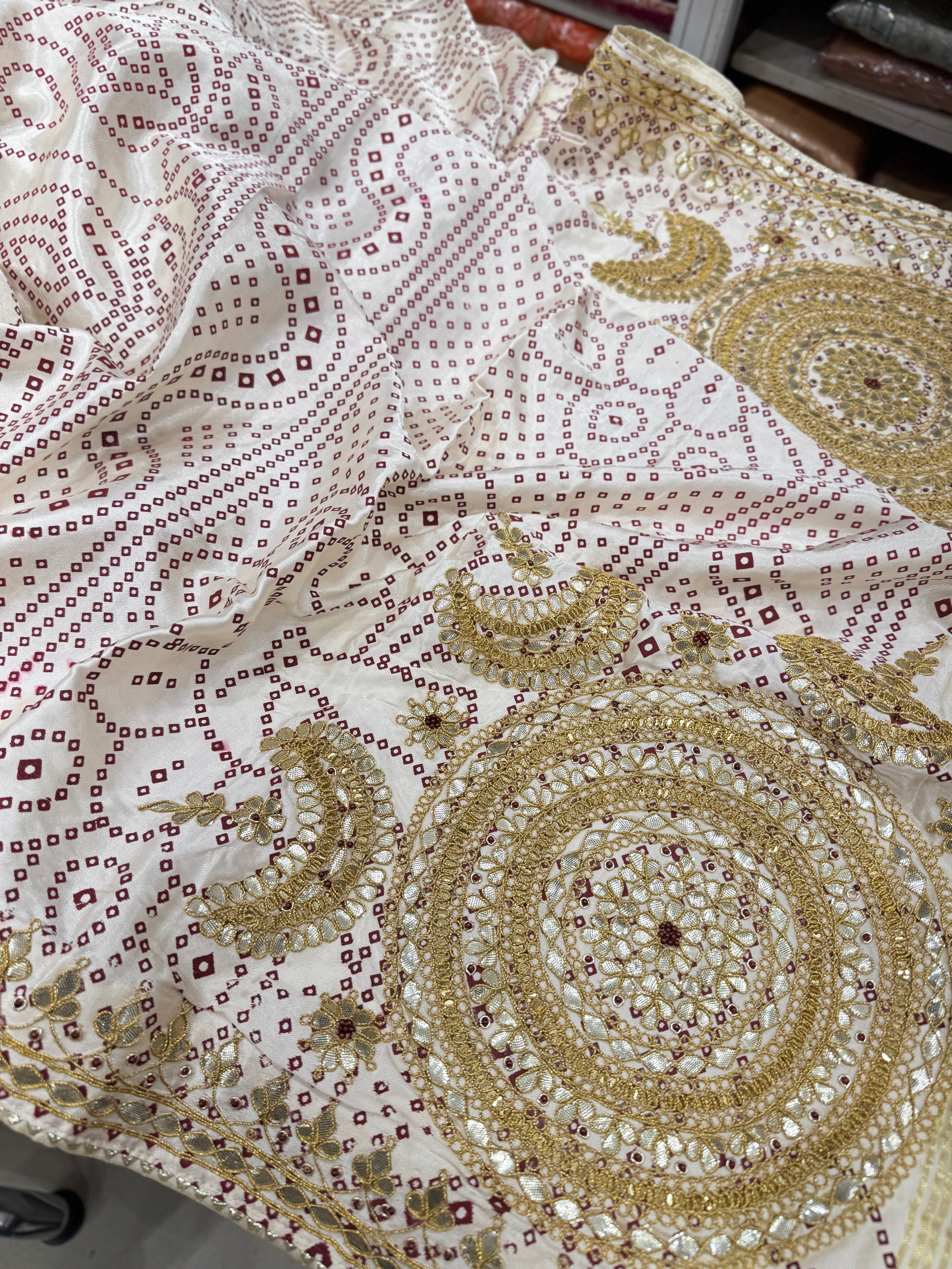 Moti White Gajji Silk Bandhej Print Hand Embroidery Gotapatti Work Saree