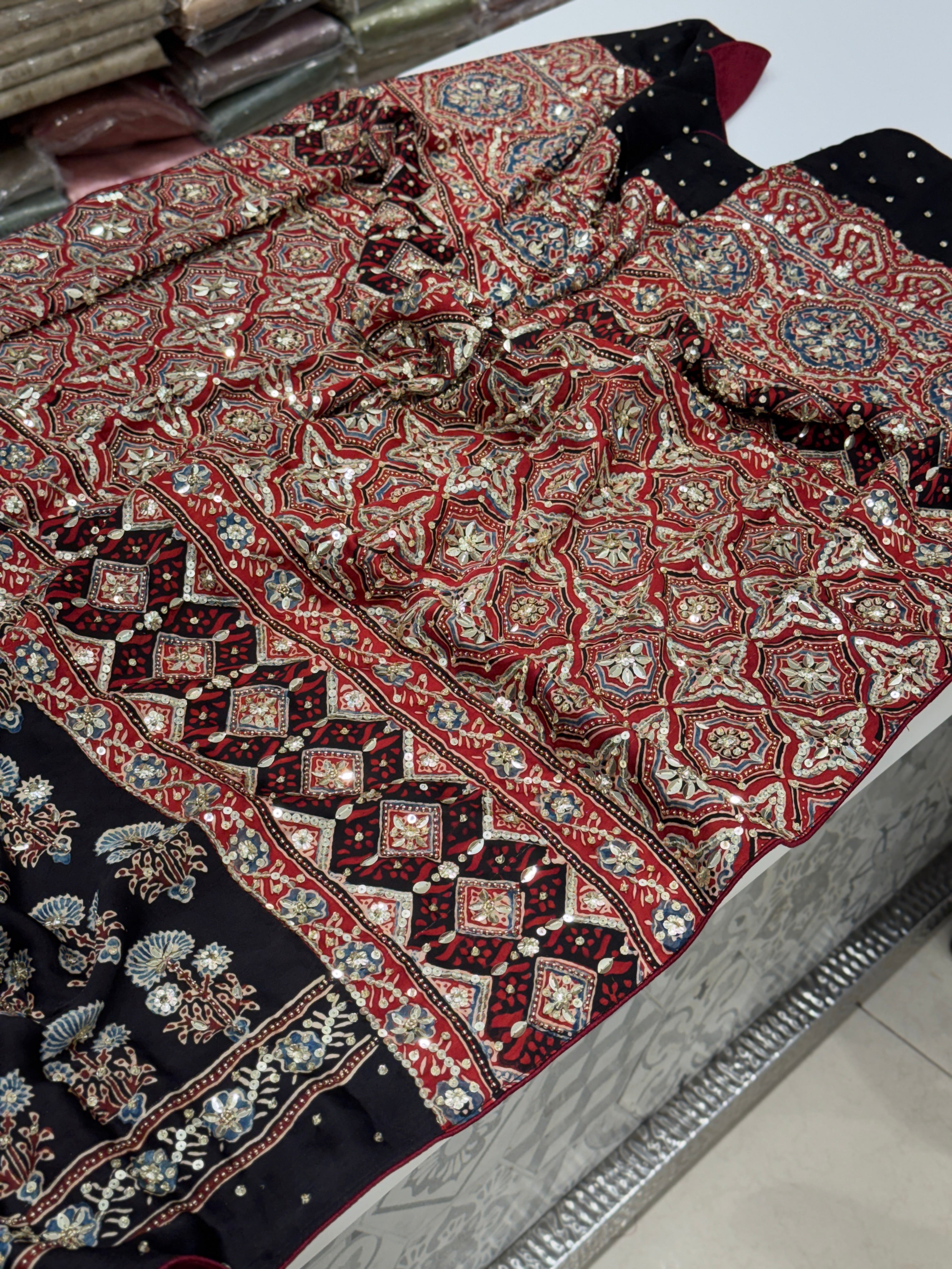 Black Red Ajrakh Buttas Sequins Hand Embroidery Saree