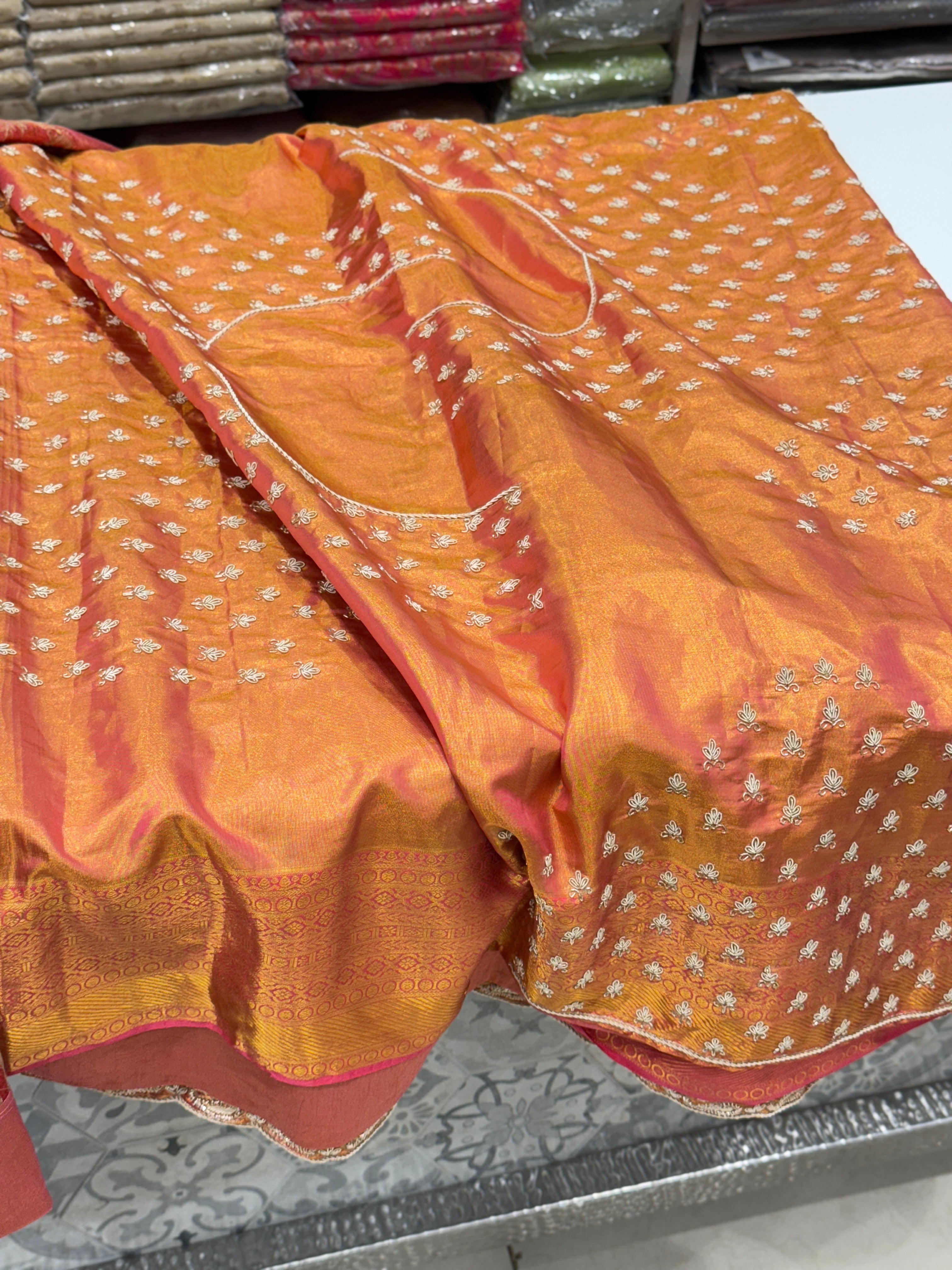 Rust Tissue Kanjivaram Zardosi Doli Hand Embroidery Saree