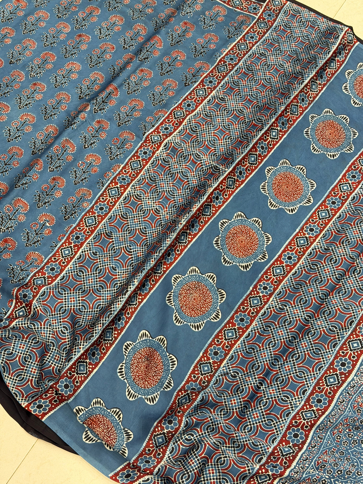 Blue Floral Butta Ajrakh Hand Block Print Pure Gajji Silk Saree