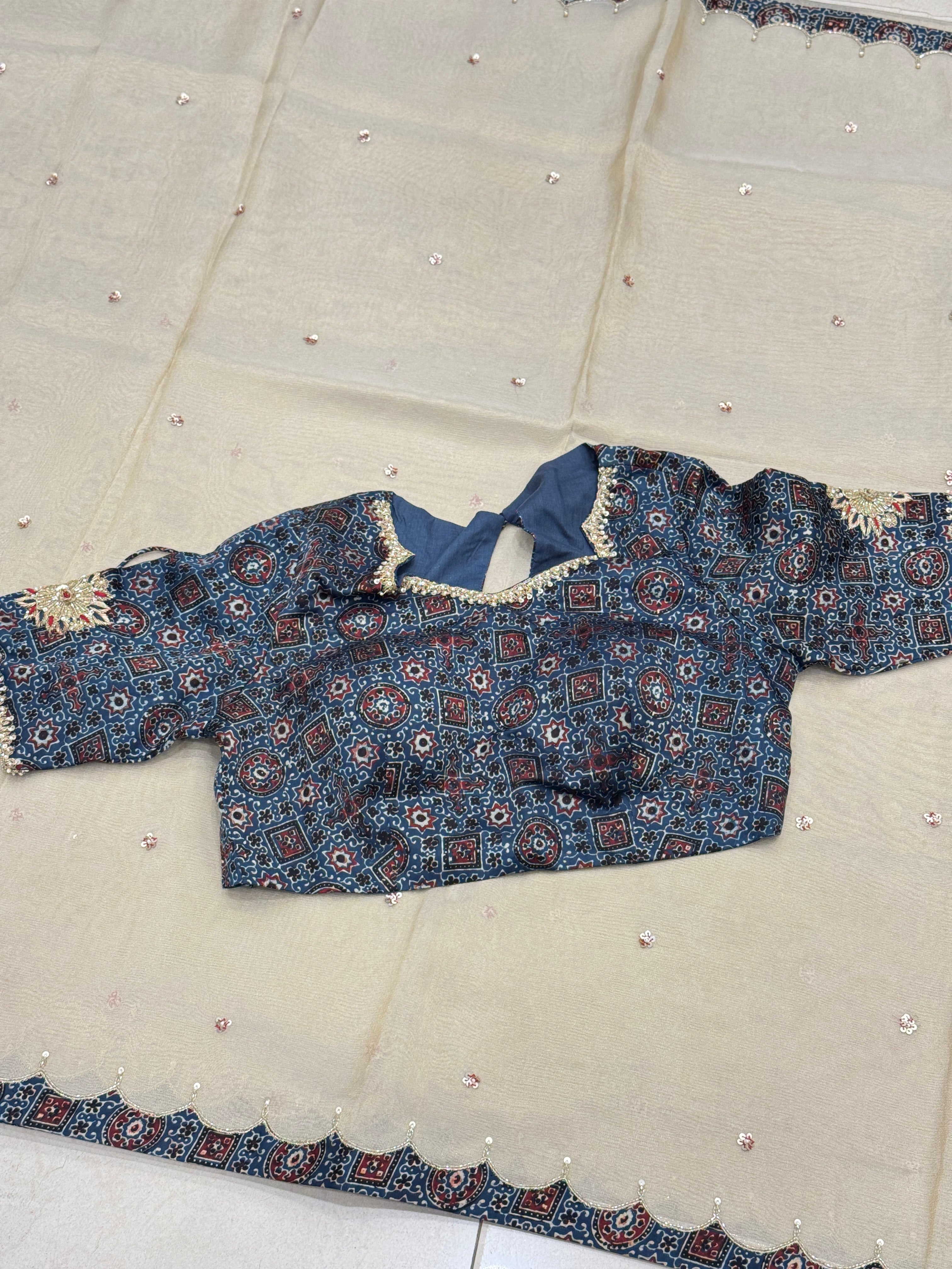Golden Tissue With Ajrakh Ready Blouse Hand Embroidery