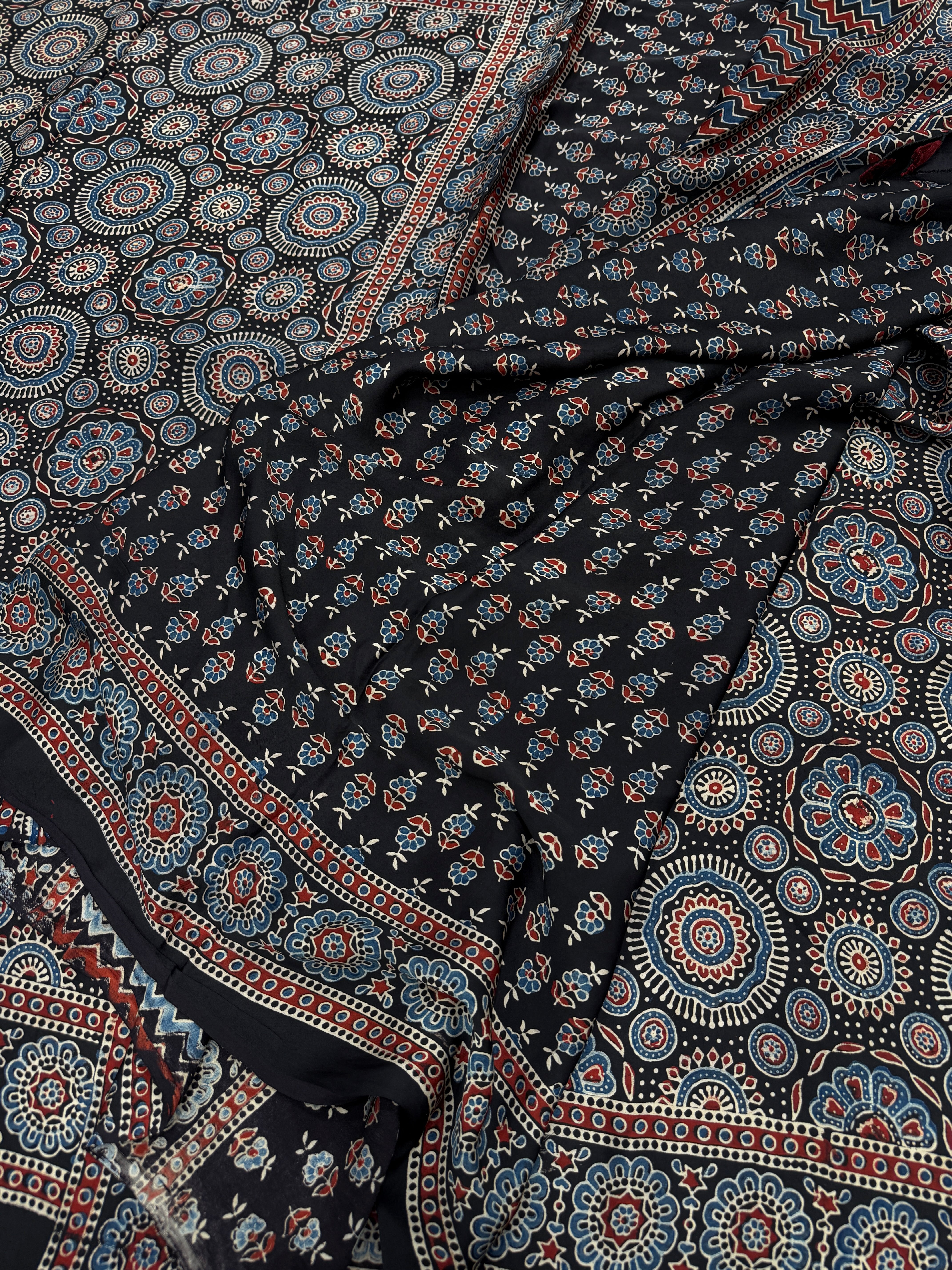 Black Jaal Buttas Ajrakh Hand Block Print Pure Gajji Silk Saree