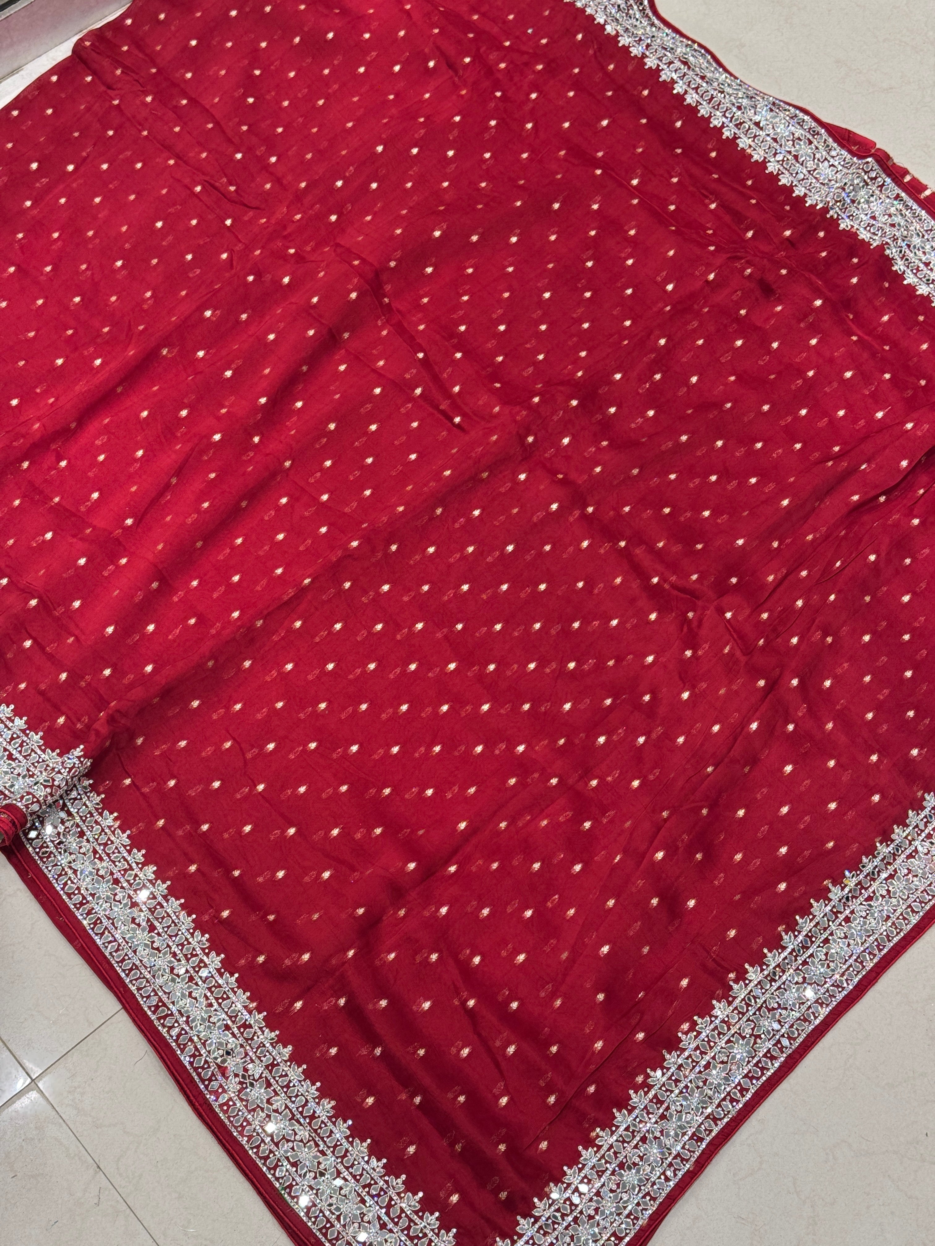 Red Satin Organza Mirror Hand Embroidery Saree