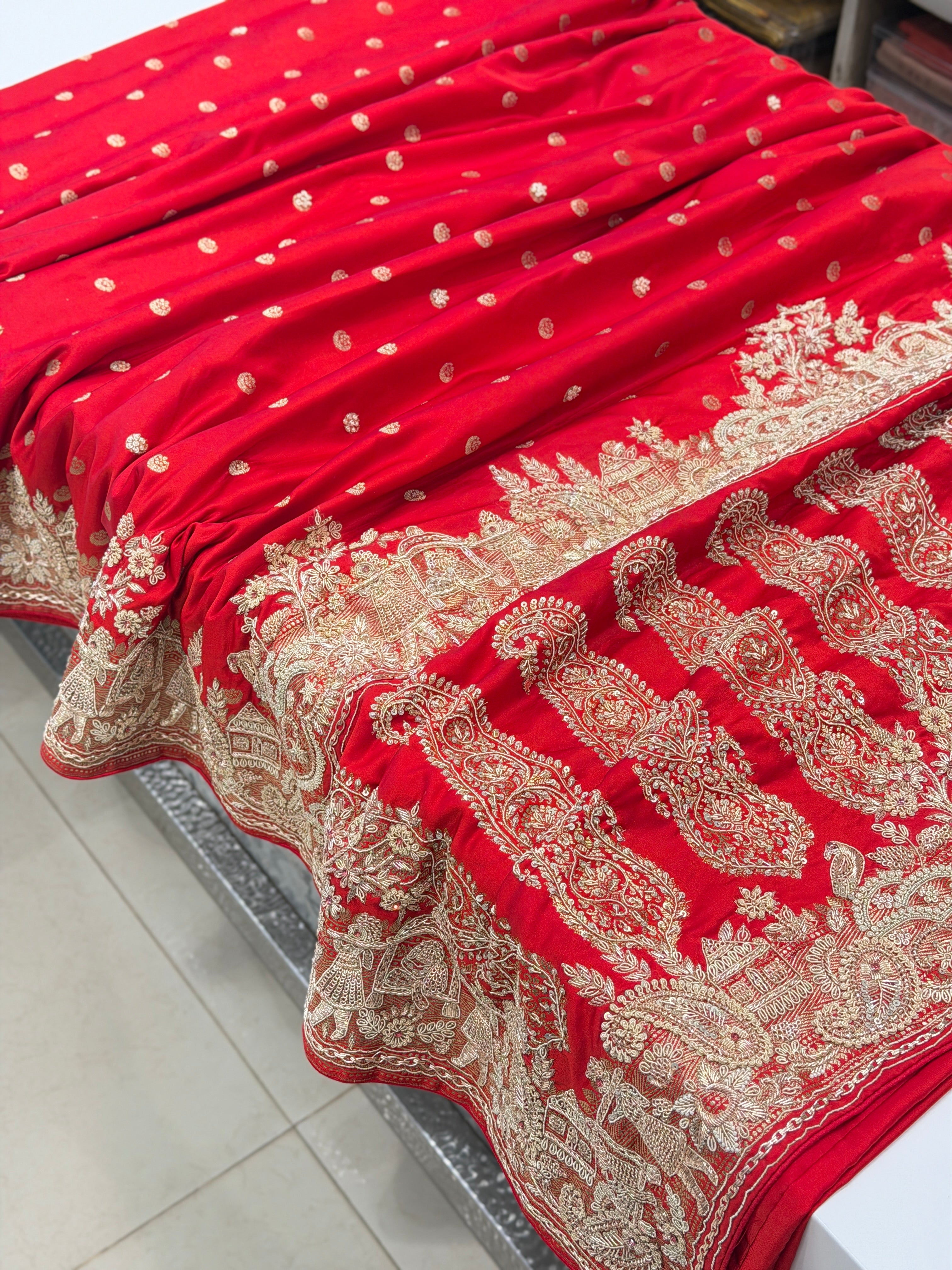 Red Banarasi Chand Butti Zardosi Doli Edit Hand Embroidery Saree