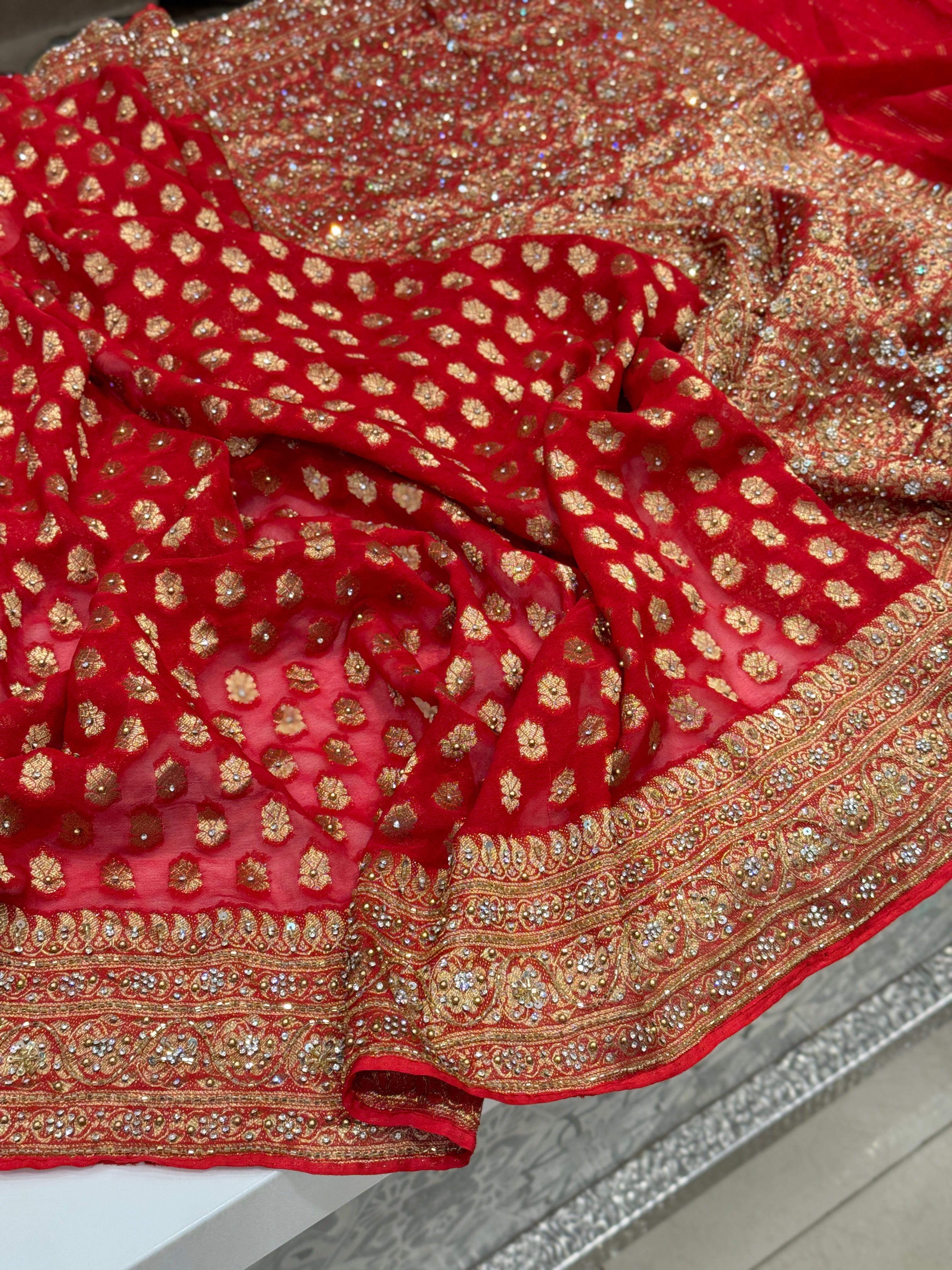 Red Banarasi Khaddi Georgette Hand Done Buttis
