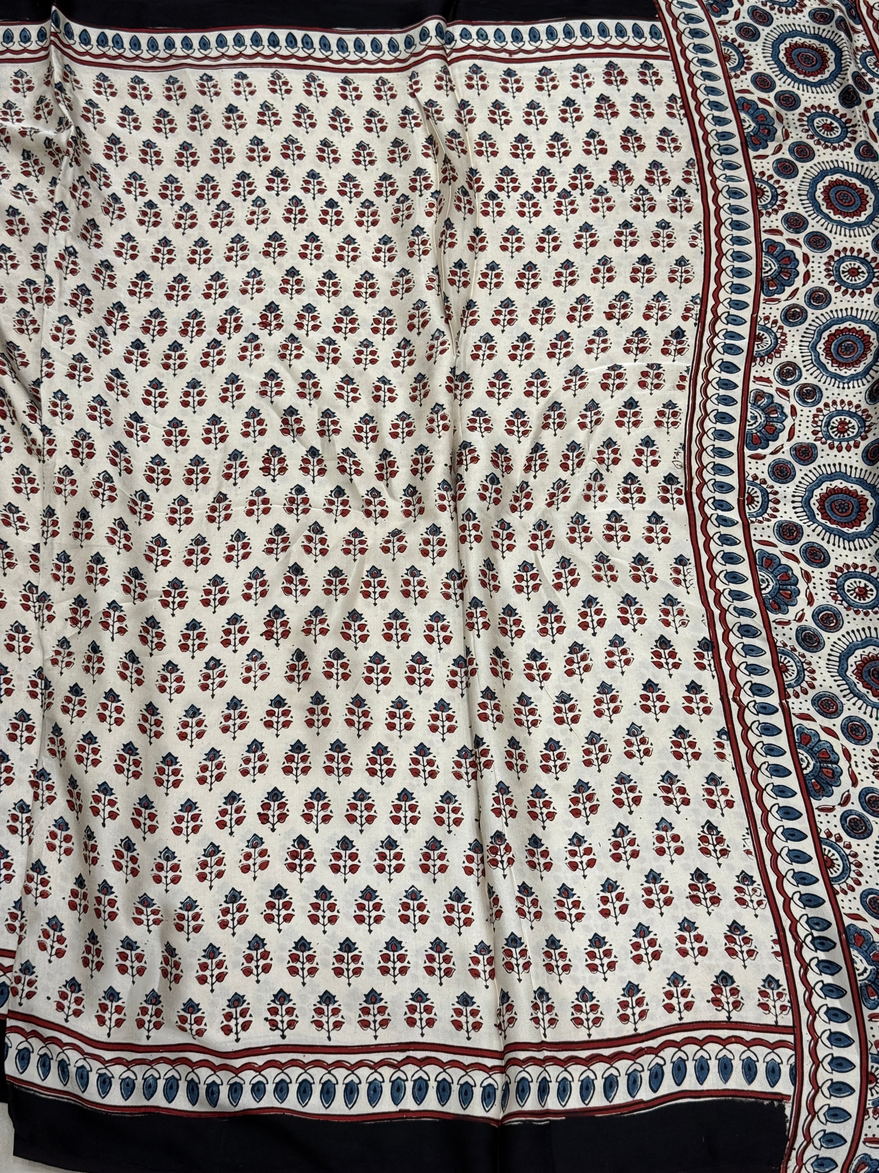 White Blue Buttis Ajrakh Block Print Hand Pure Gajji Silk Saree