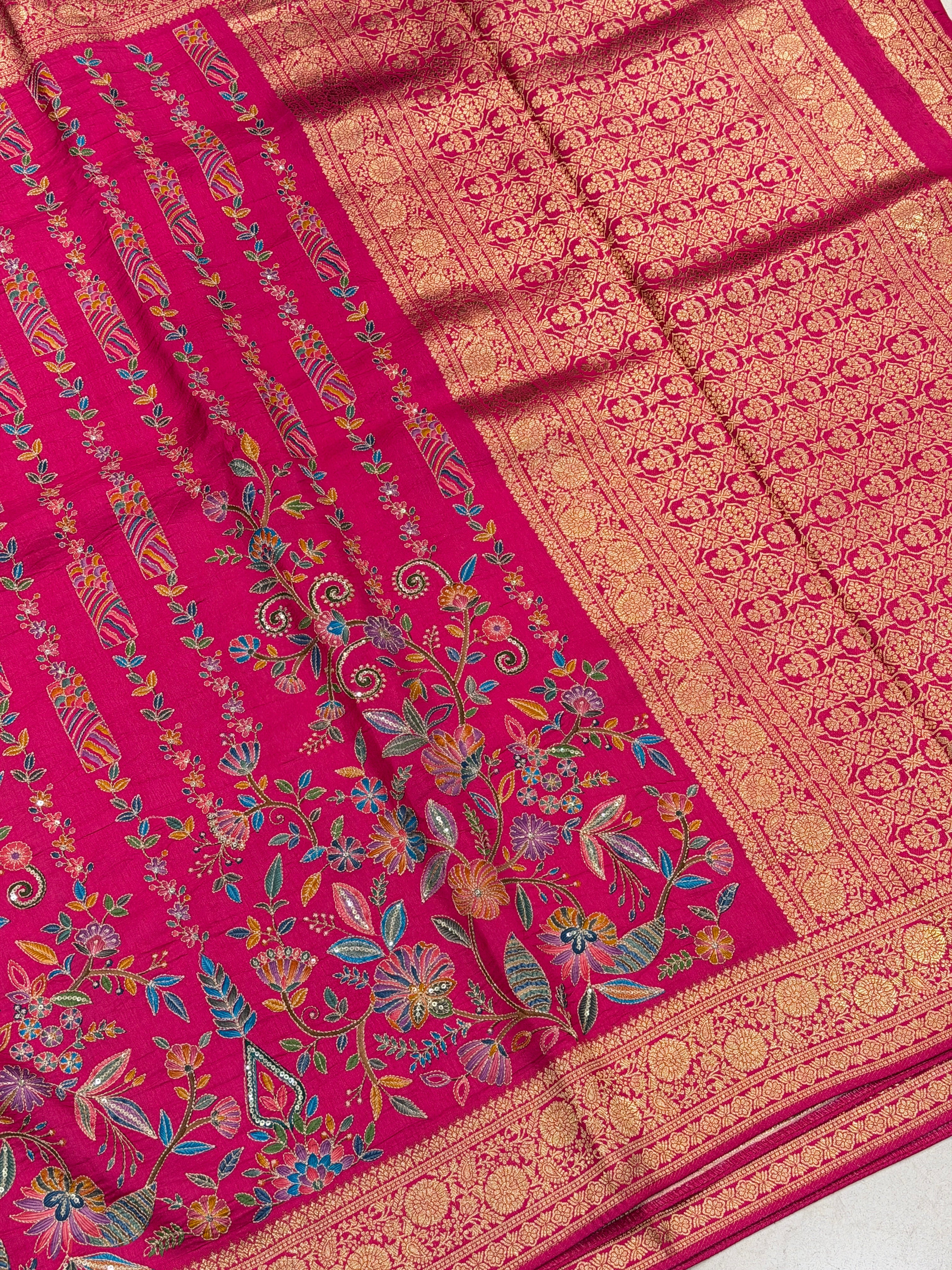 Rani Contemporary Banarasi Munga Pita Embroidery Saree