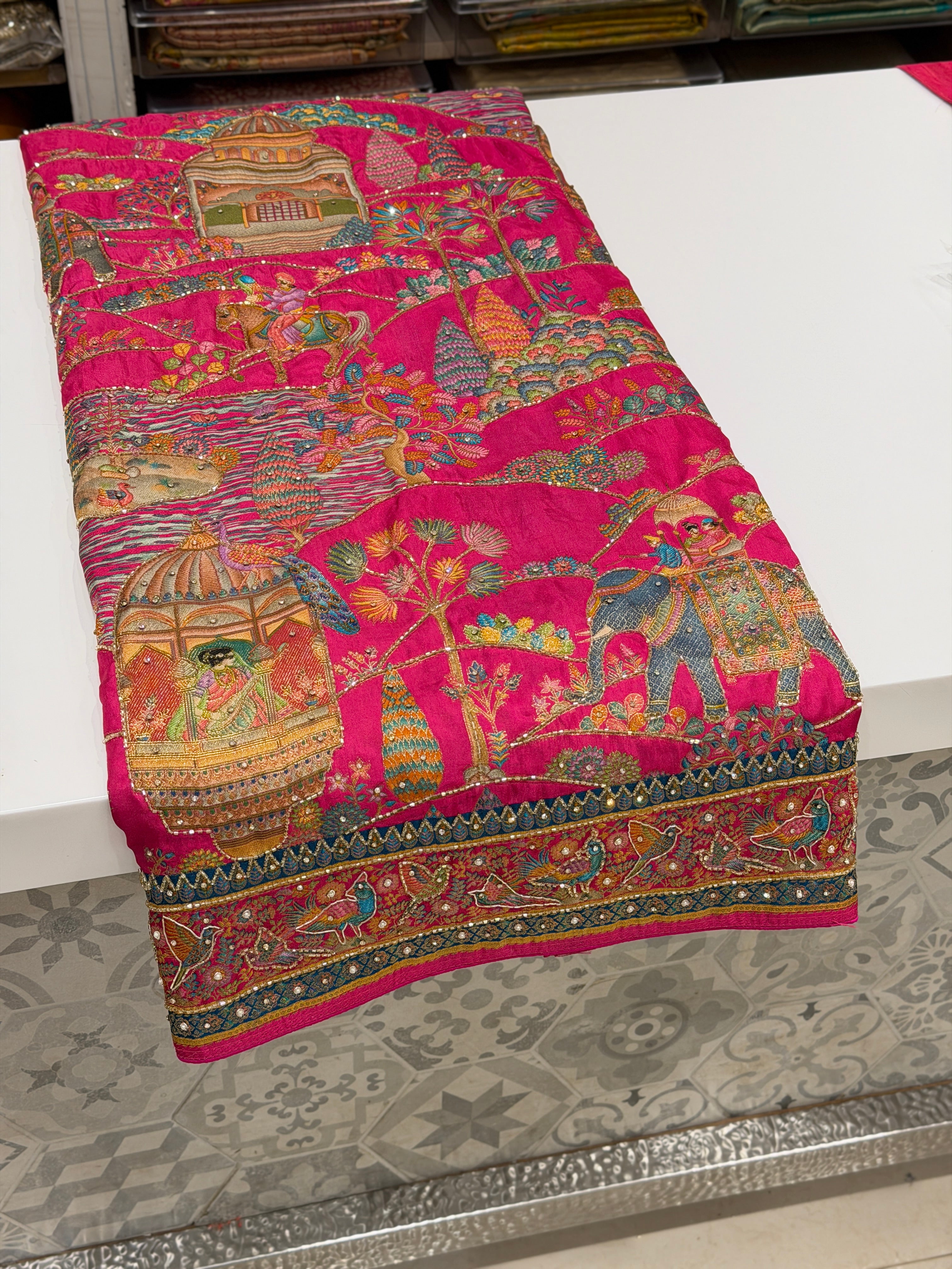 Rani Forest Darbar Pashmina Style Weave Hand Embroidery Saree