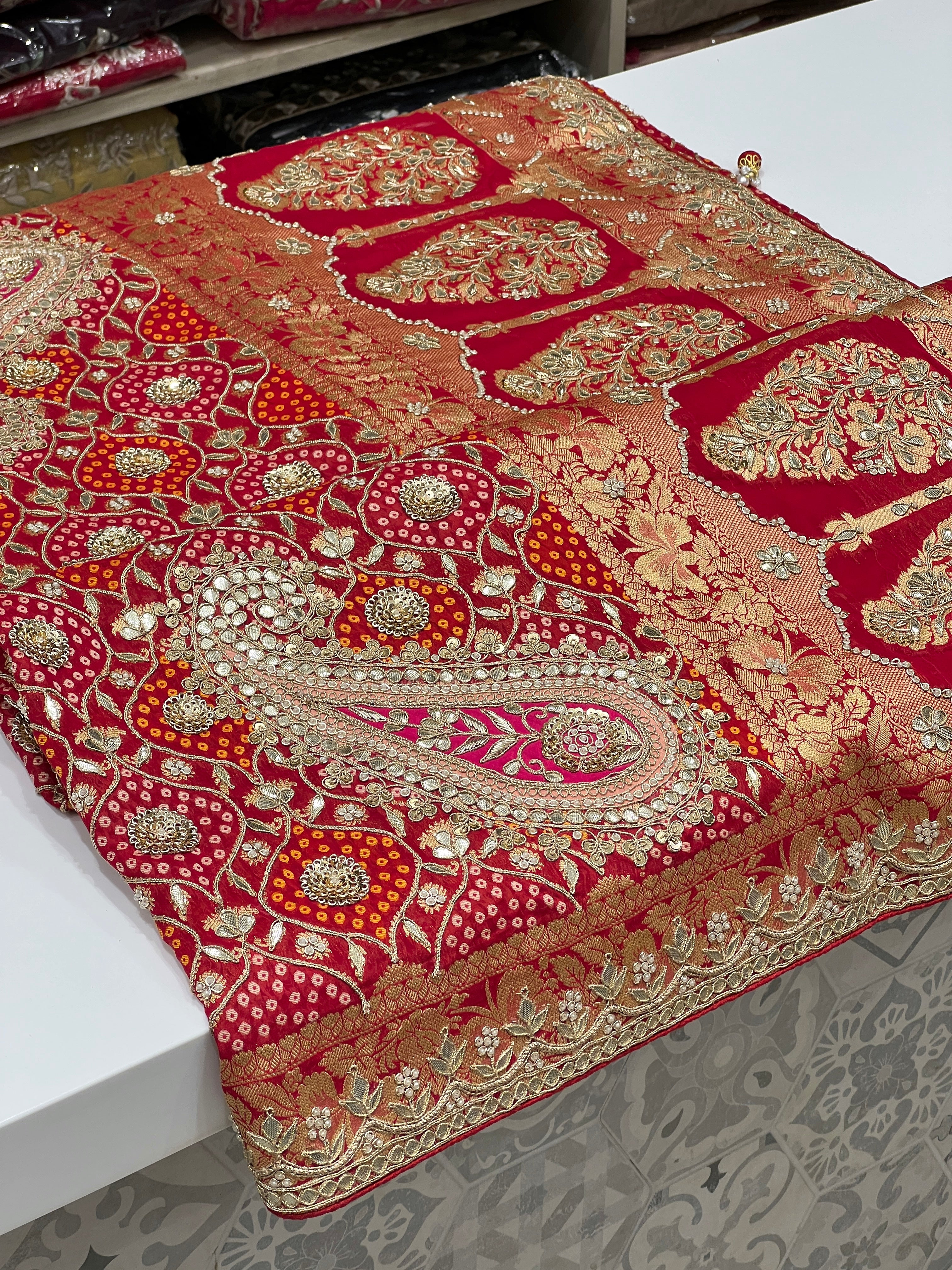 Red Woven Bandhej Half n Half Gotapatti Saree