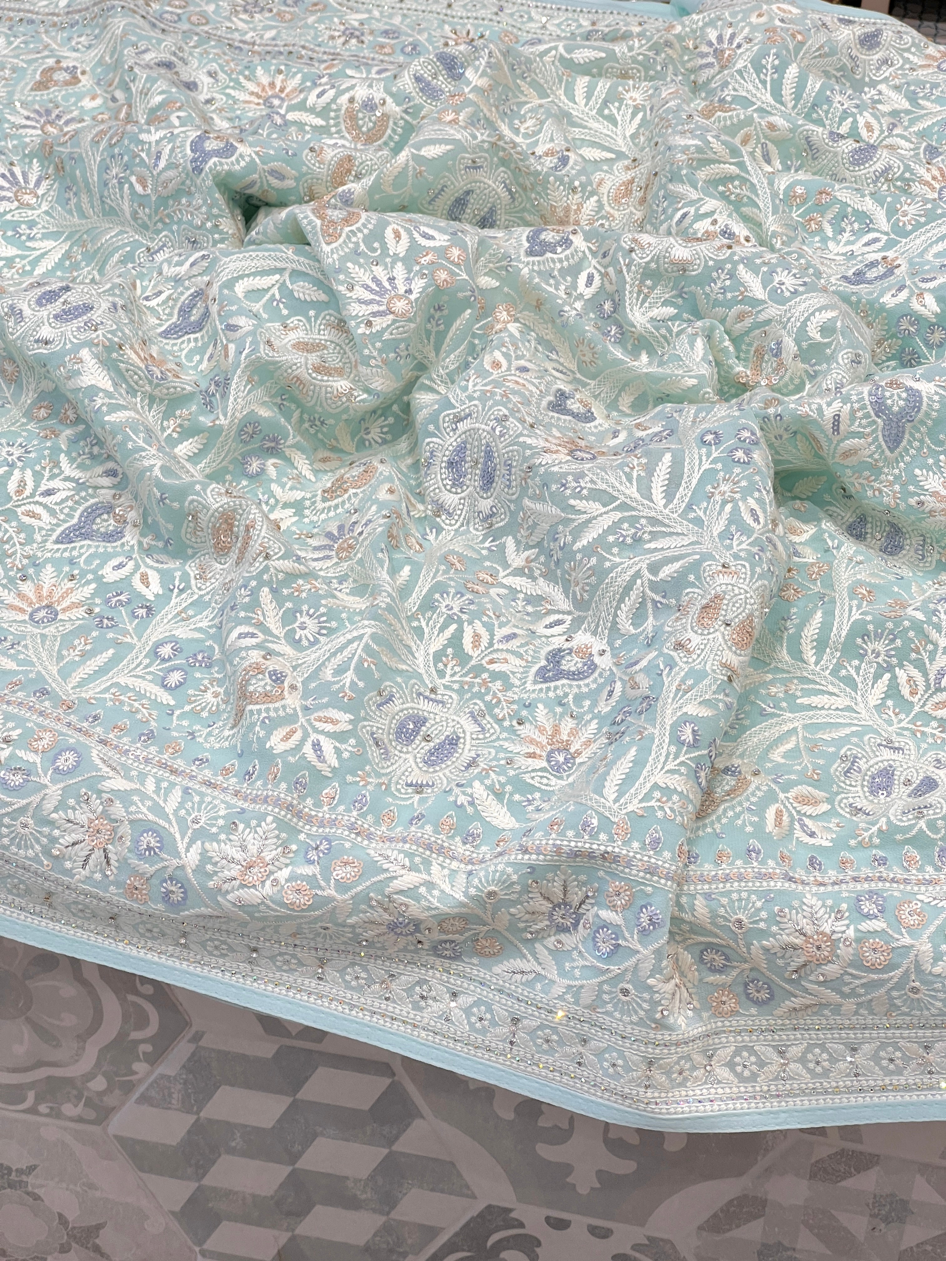 Sea Blue Chikankari Saree