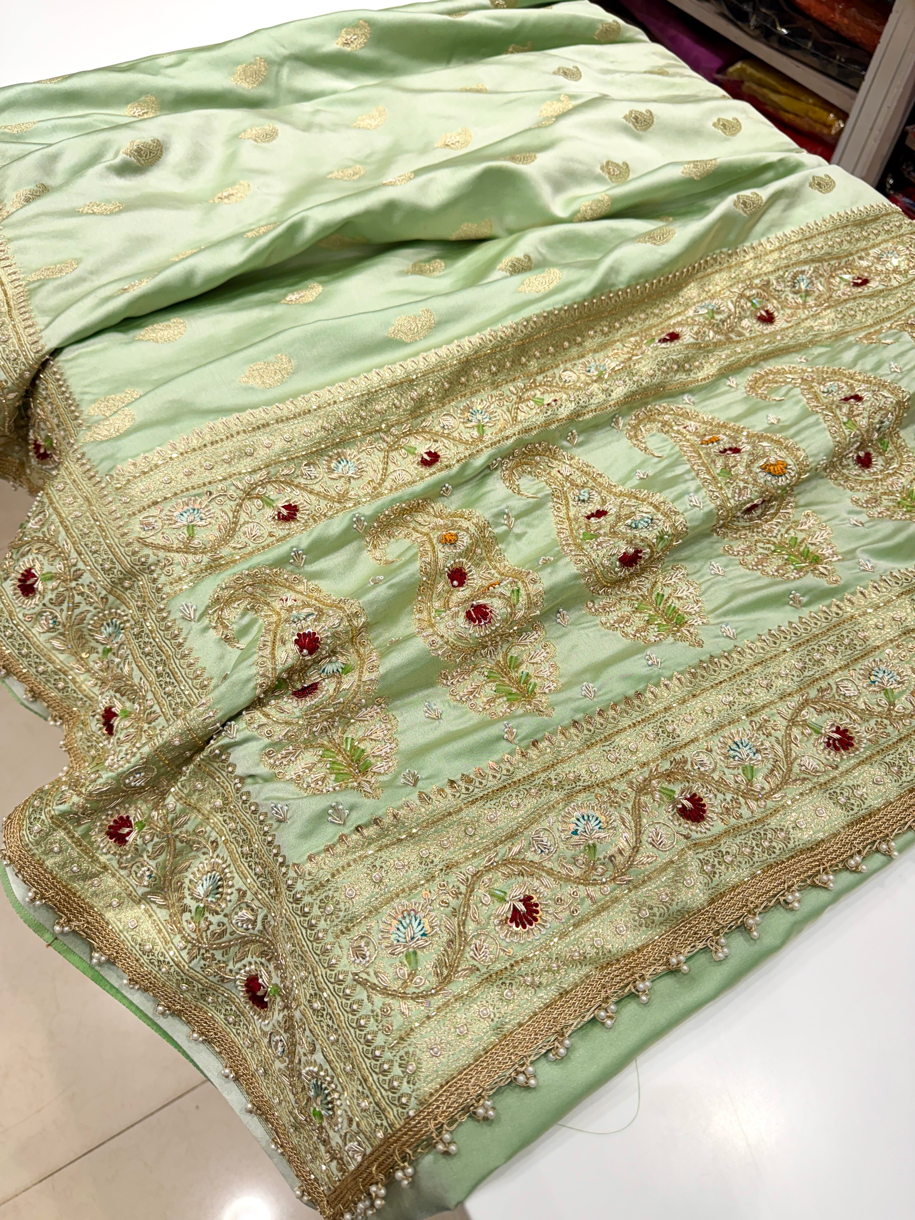 Pista Green Banarasi Meenakari Buttis Zardosi Knot Embroidery Saree