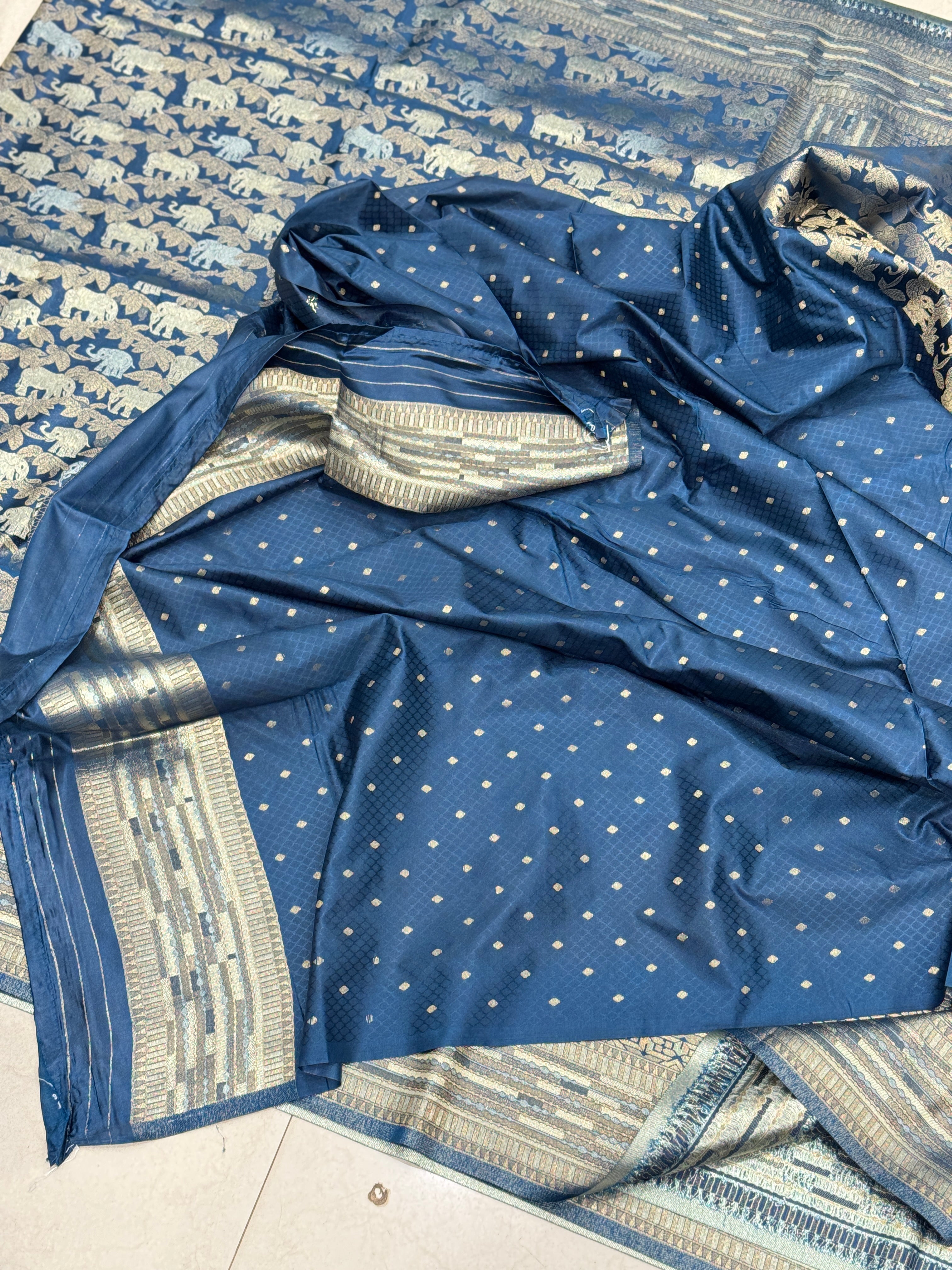 Petrol Blue Banarasi Soft Silk Semi Elephant Motif Saree