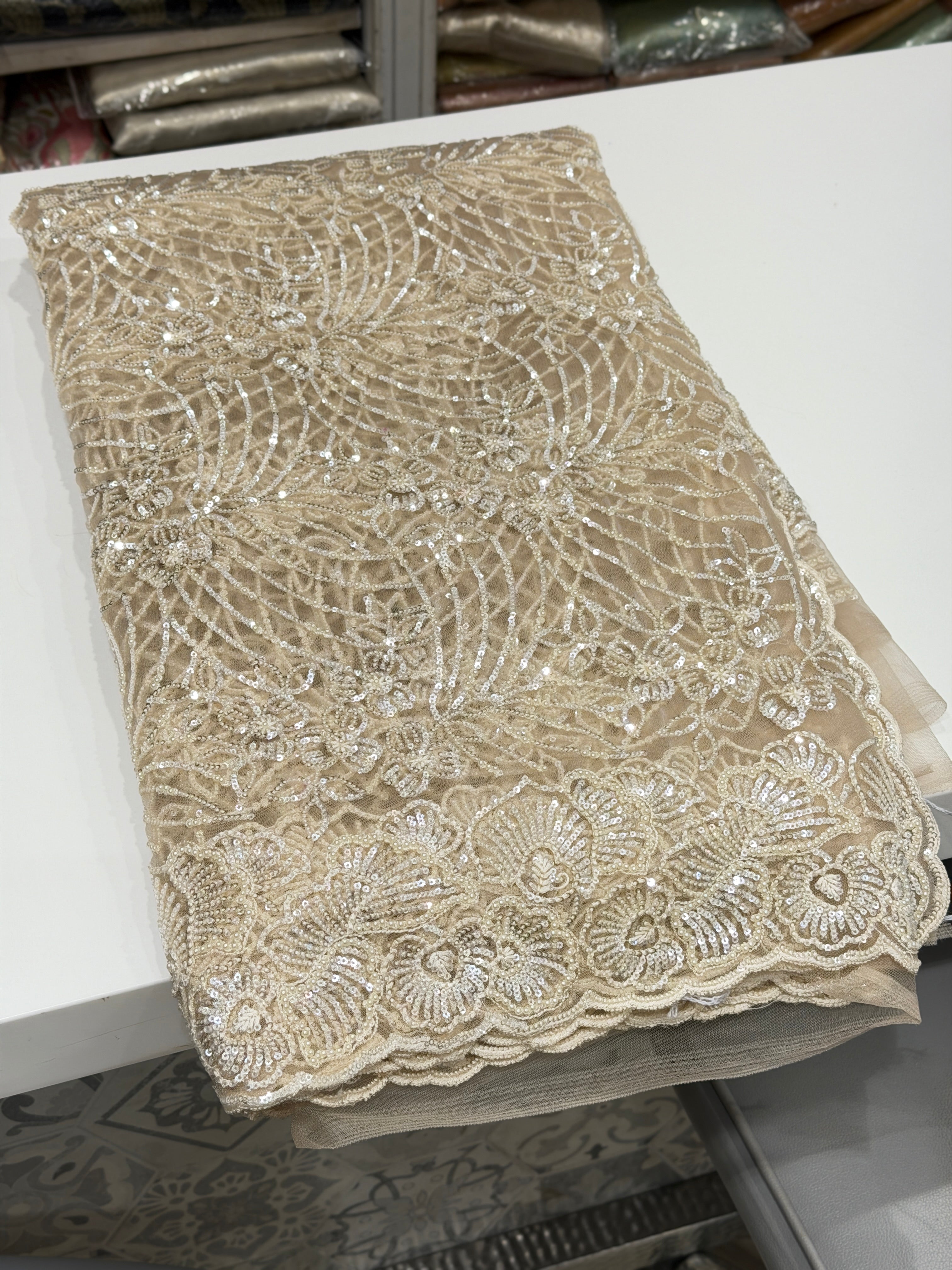 Golden Net Resham Moti Embroidery Soft Saree