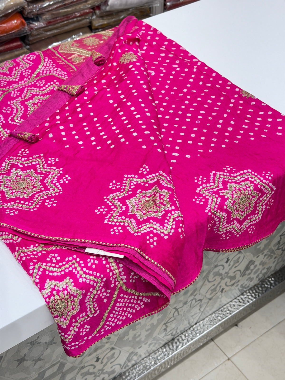 Rani Pink Faabiiana Inspired Gajji Silk Rai Bandhej Gotapatti Marodi Hand Embroidery Saree