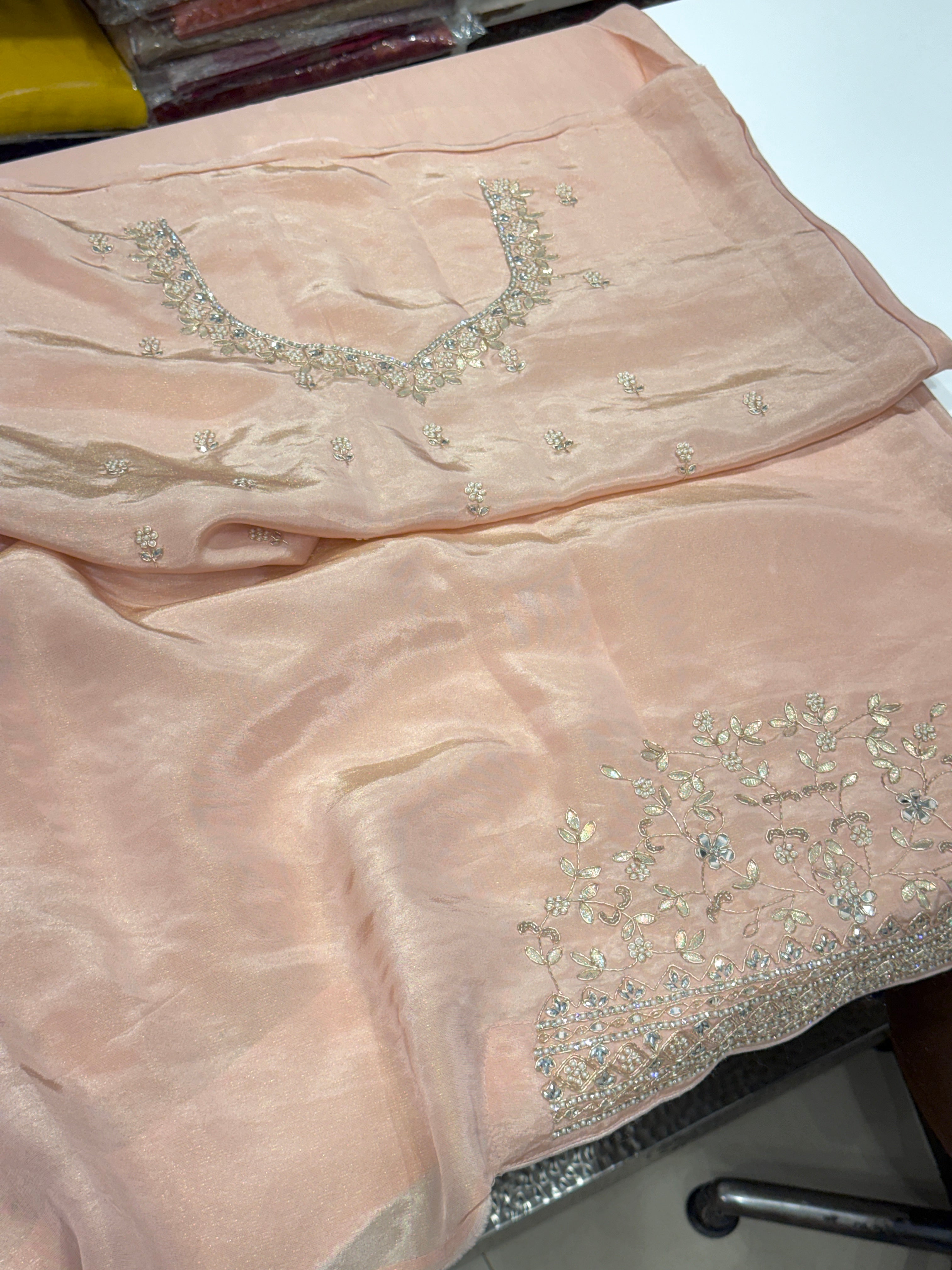 Pink Tissue Hand Embroidery Jaal Saree