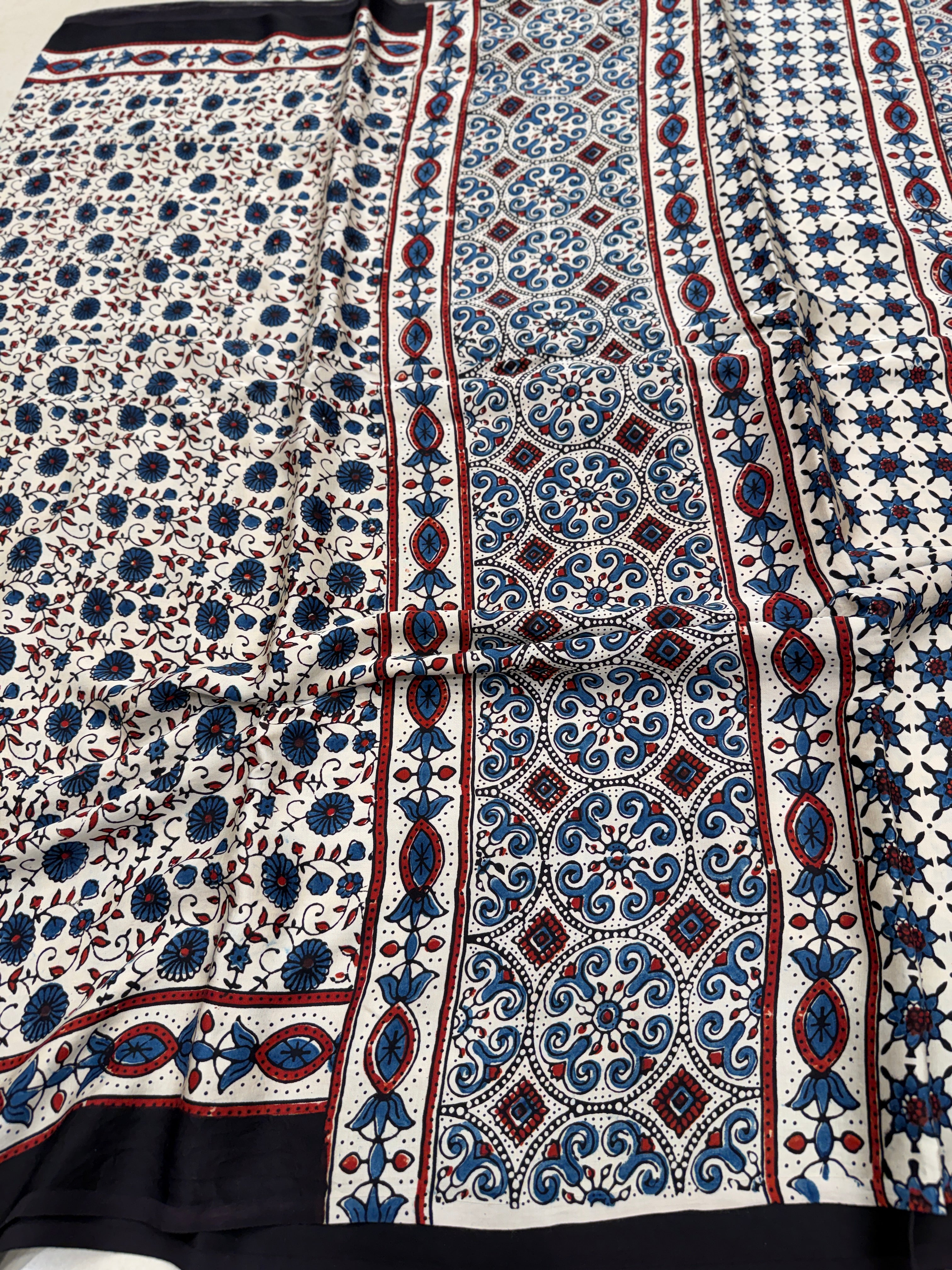 White Floral Jaal Ajrakh Hand Block Print Pure Modal Silk Saree