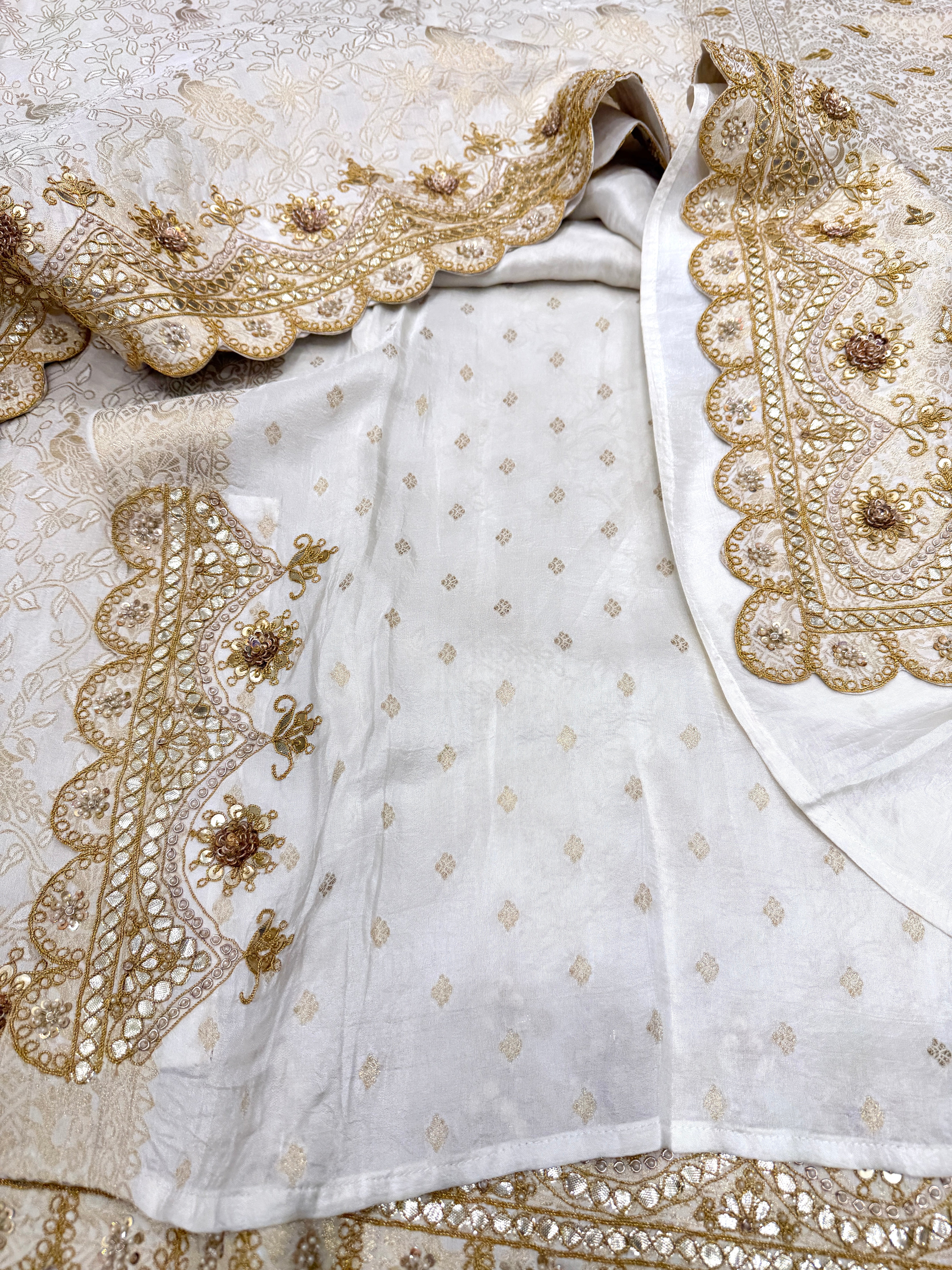 Moti White Banarasi Crepe Hand Gotapatti Marodi Saree