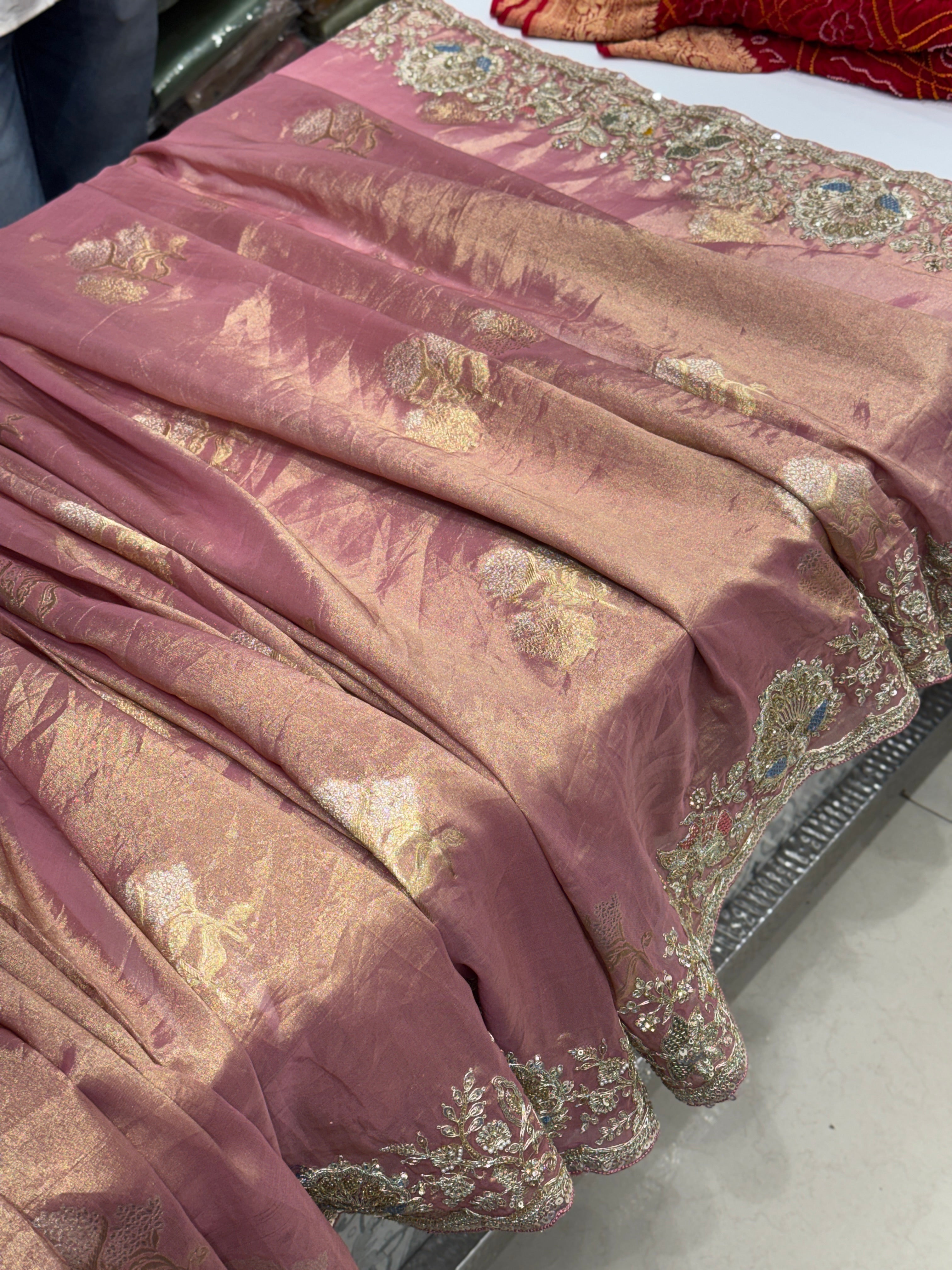 Pink Tissue Weaved Embroidery Saree