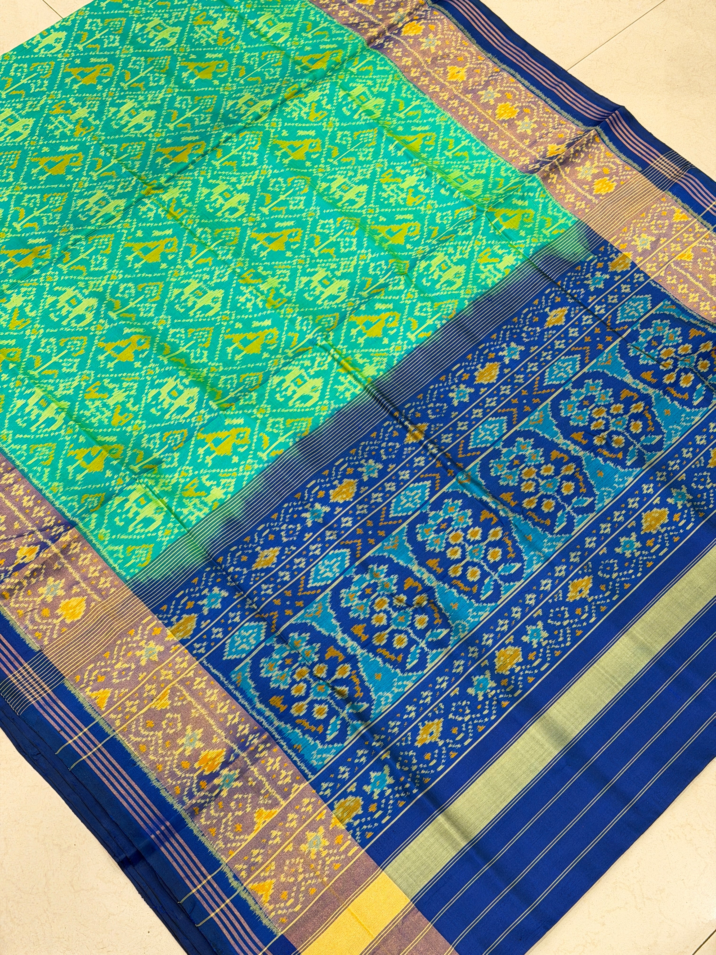Rama Green with Blue Handloom Rajot Ikat Patola Silk Saree