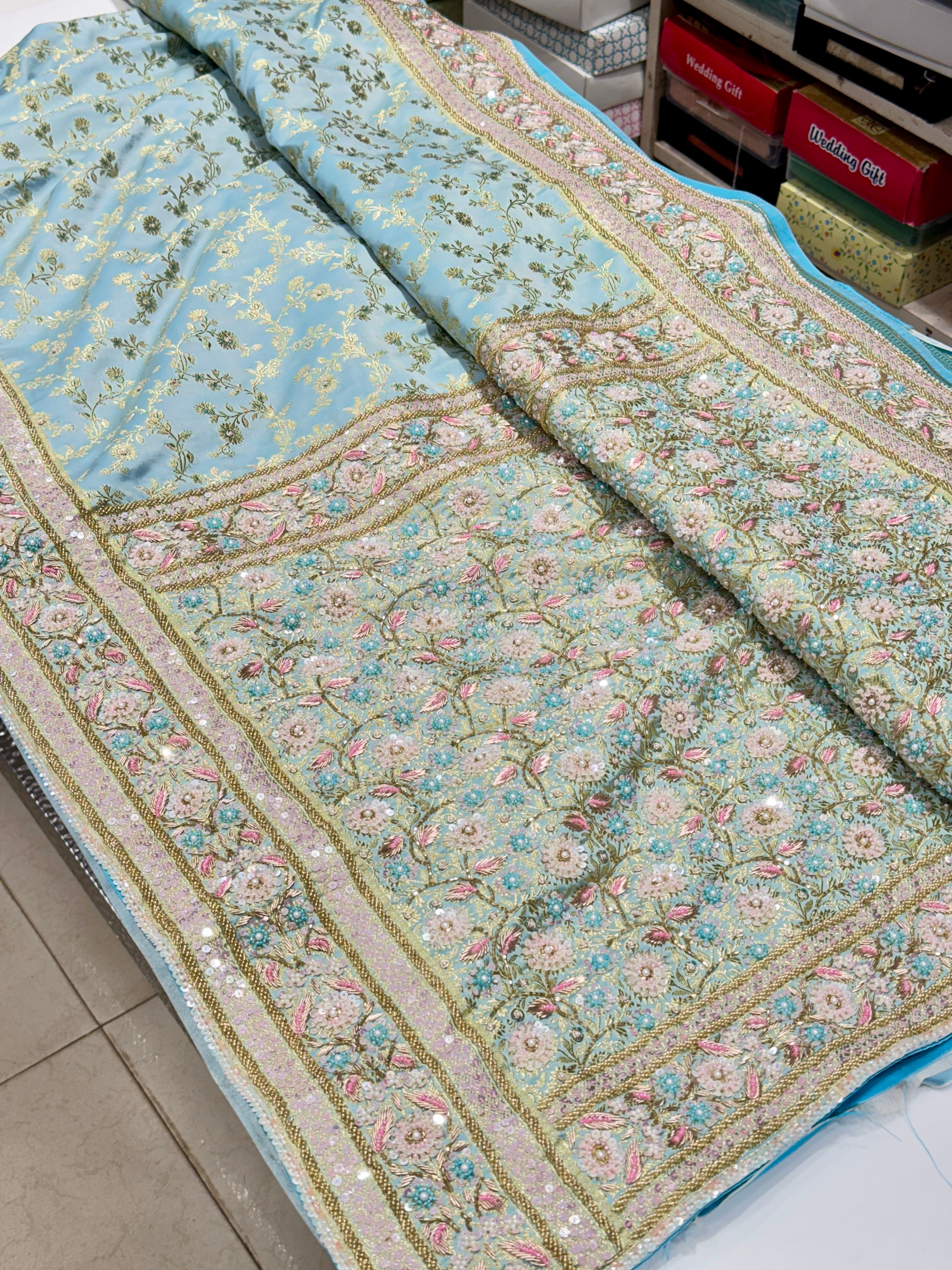 Light Blue Banarasi Flower Border Moti Hand Embroidery Saree