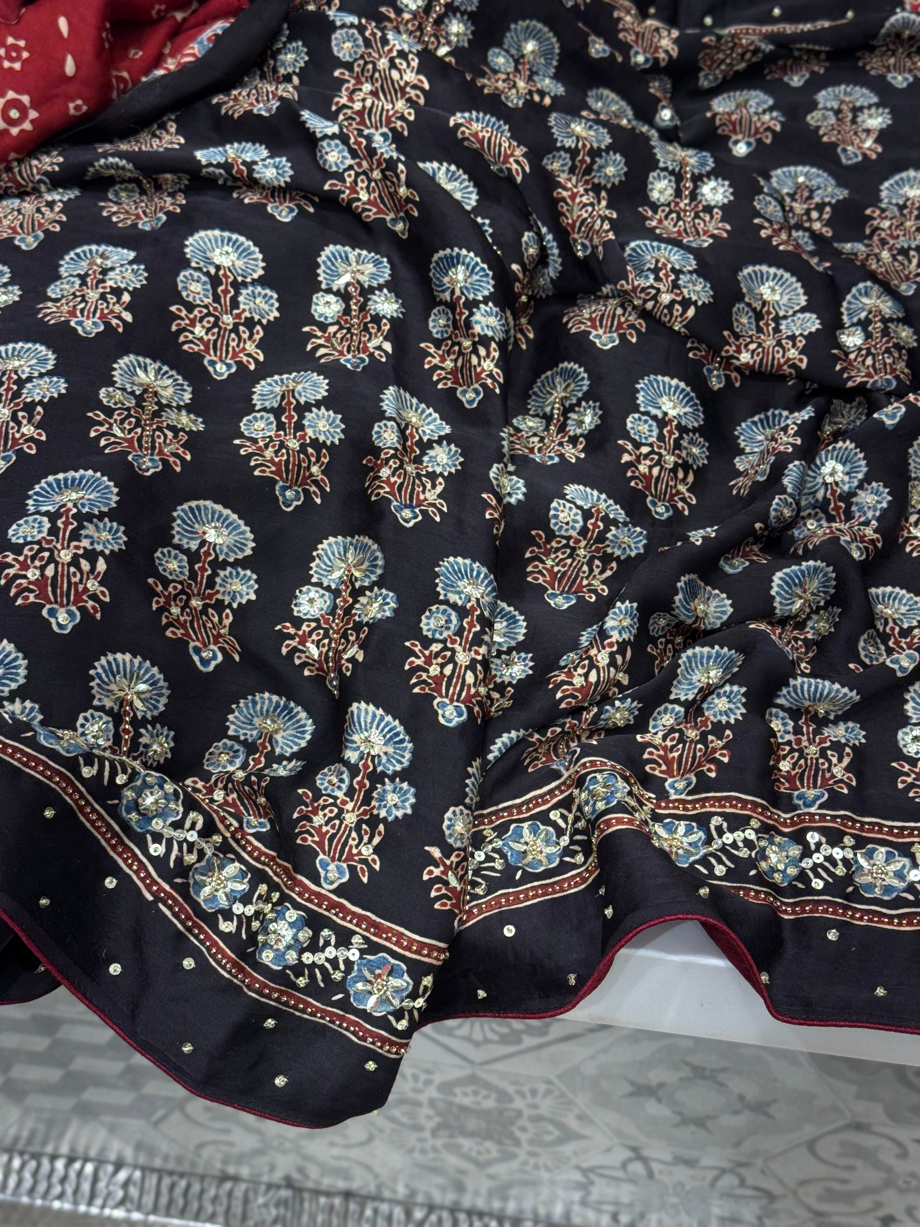 Black Red Ajrakh Buttas Sequins Hand Embroidery Saree