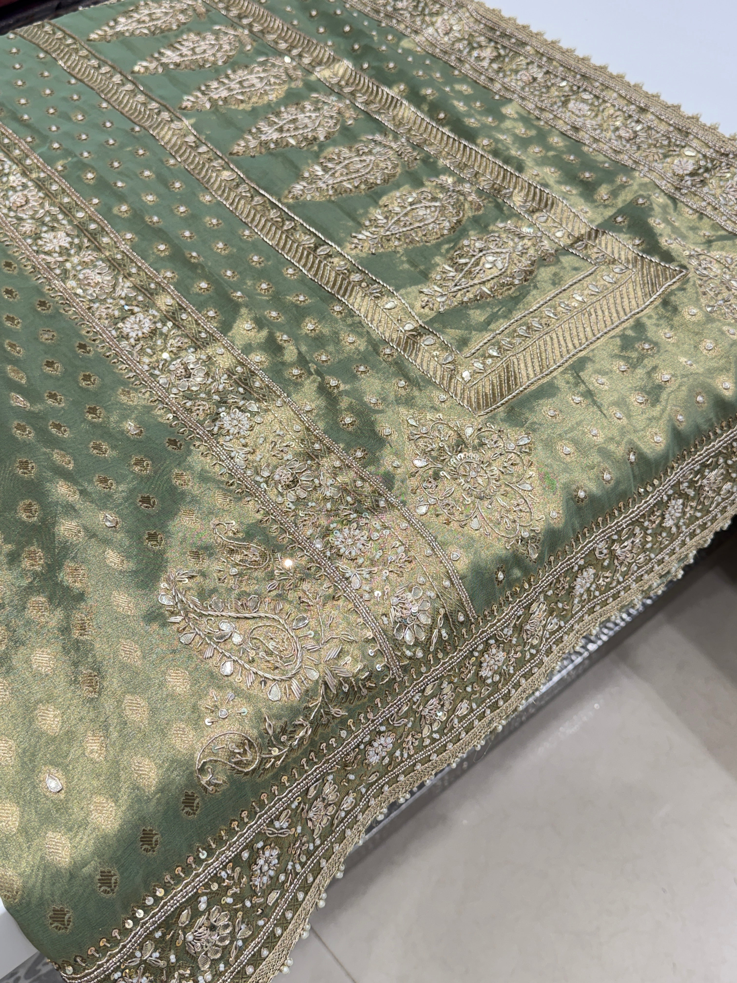 Pista Green Tissue Buttis Zardosi Gota Hand Embroidery Saree