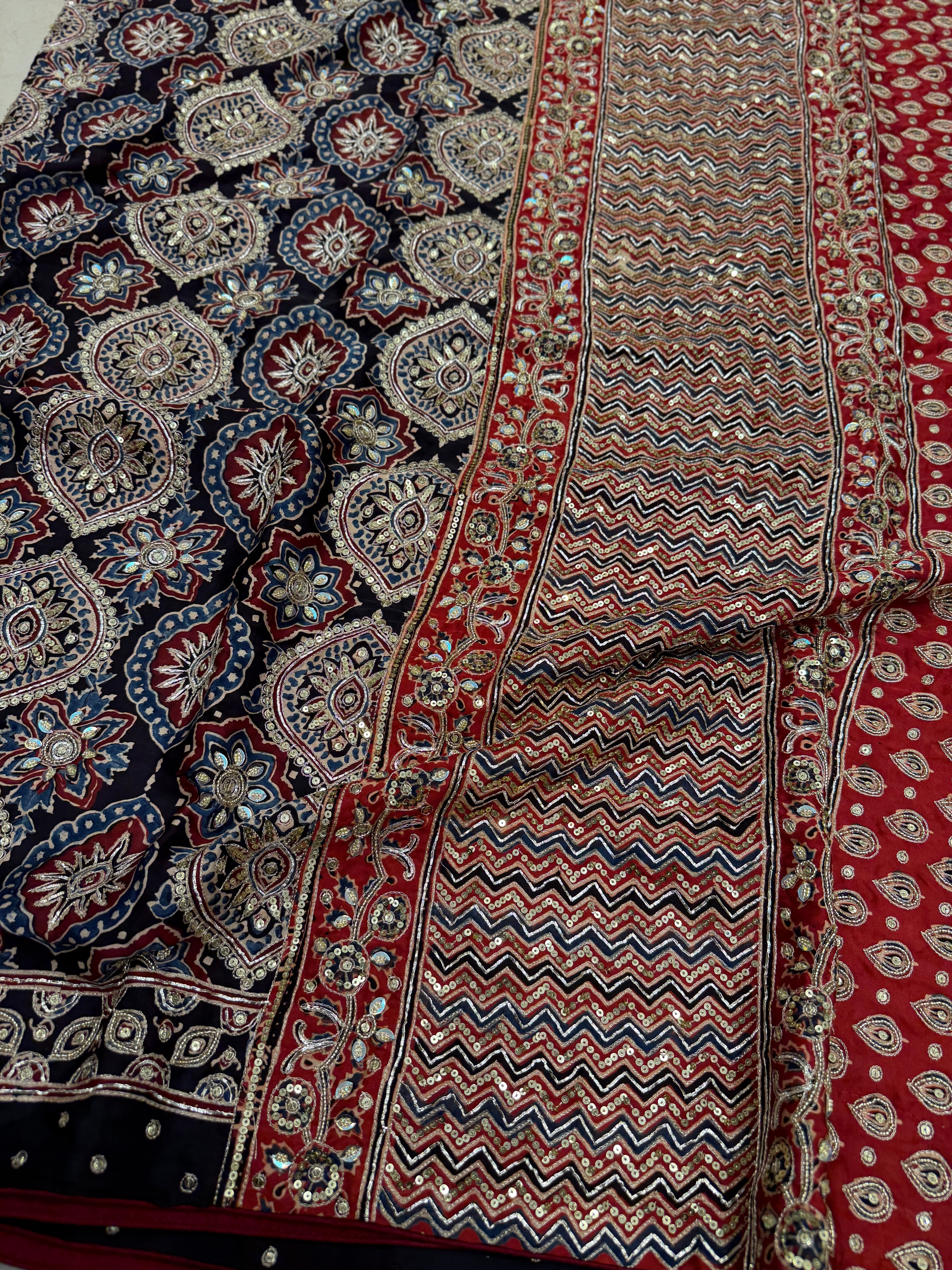 Black Red Badam Butti Zardosi Pita Sequin Ajrakh Hand Embroidery Saree