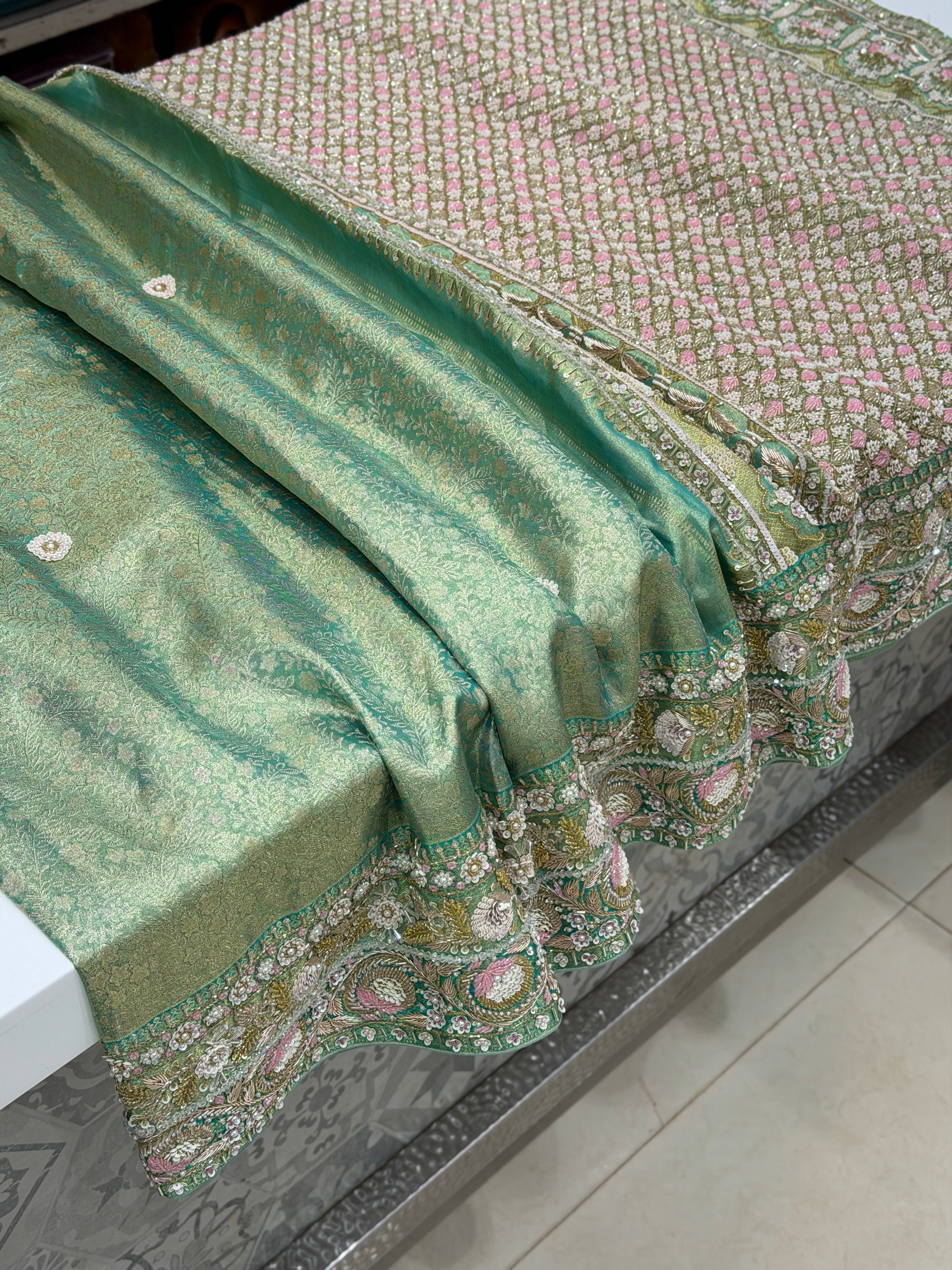 Pista Green Floral Tissue Kanjivaram Hand Embroidery Saree