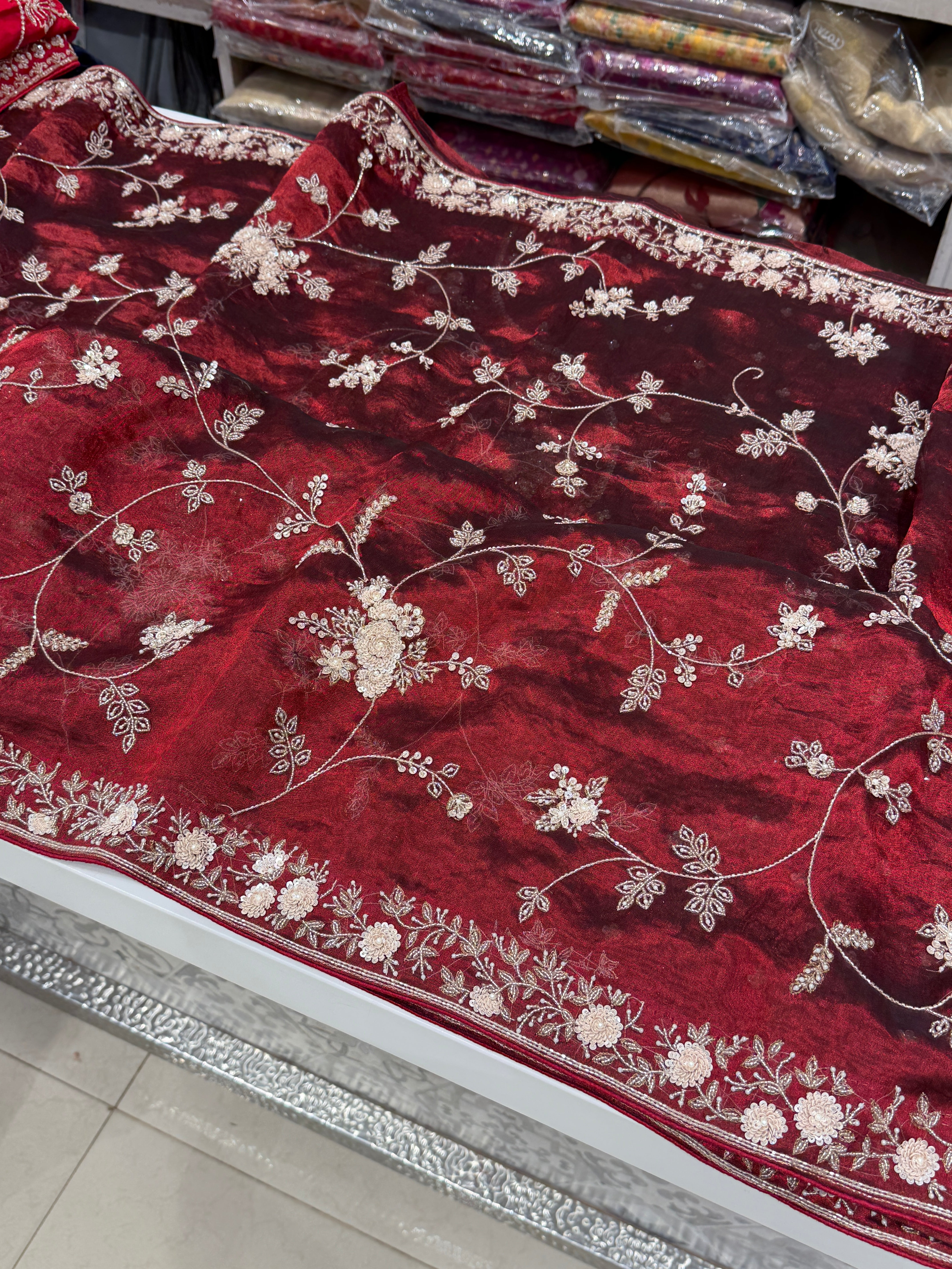 Dark Cherry Red Tissue Jaal Hand Embroidery Saree