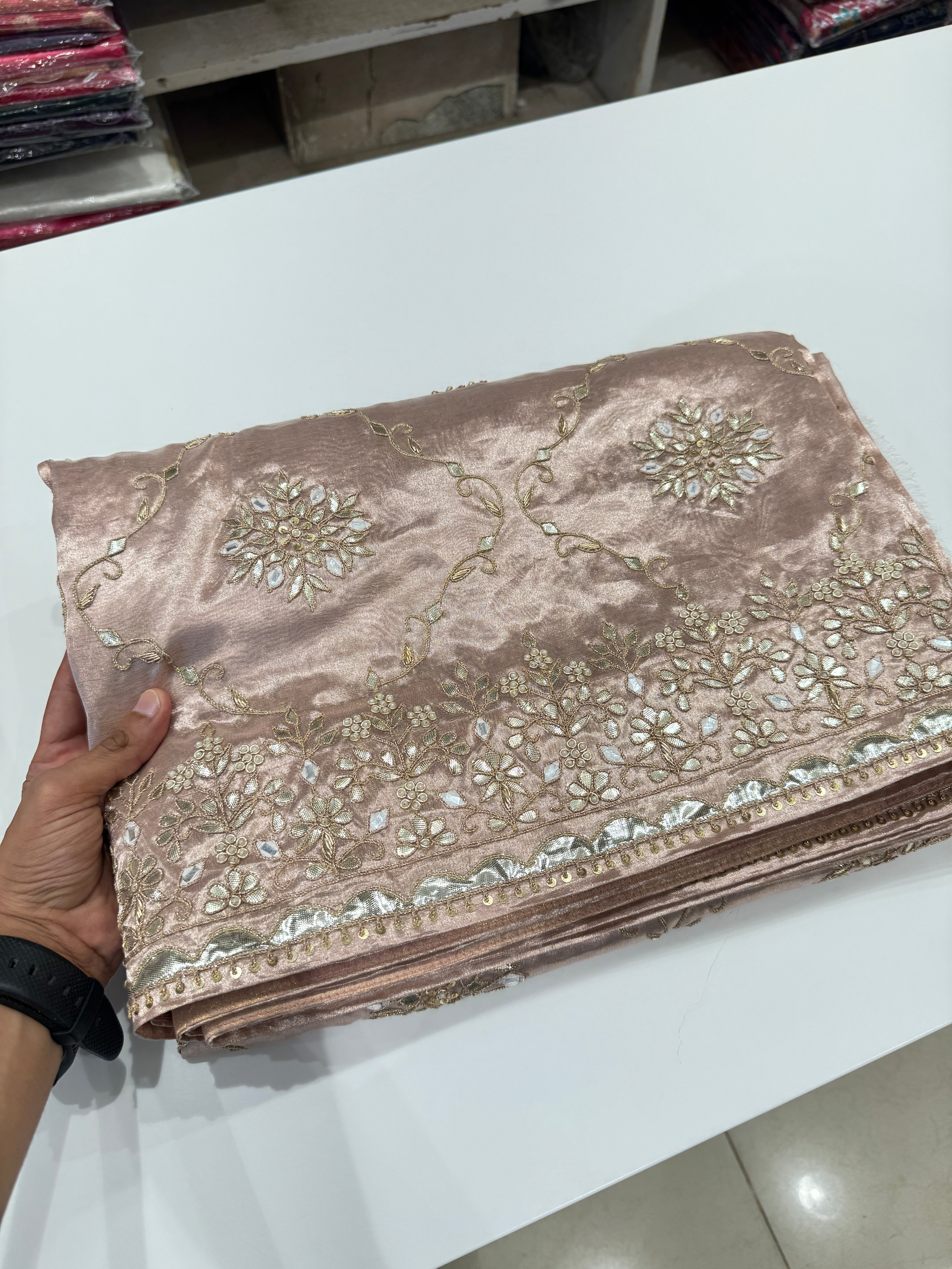 Banarasi Tissue Pink Gotapatti Zardosi Jaal Saree
