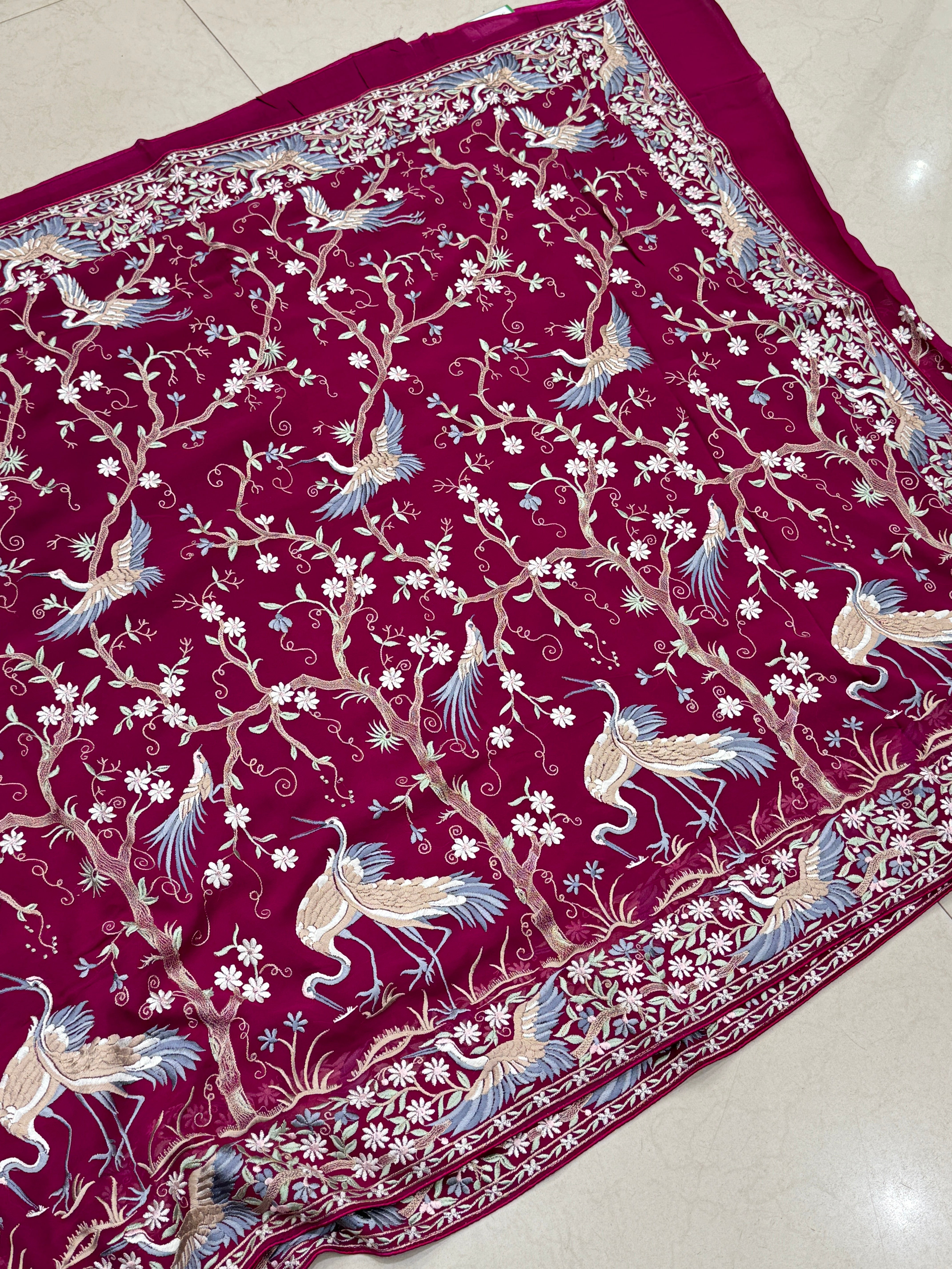 Cross Wine Tree Of Life Flamingo Parsi Gara Saree