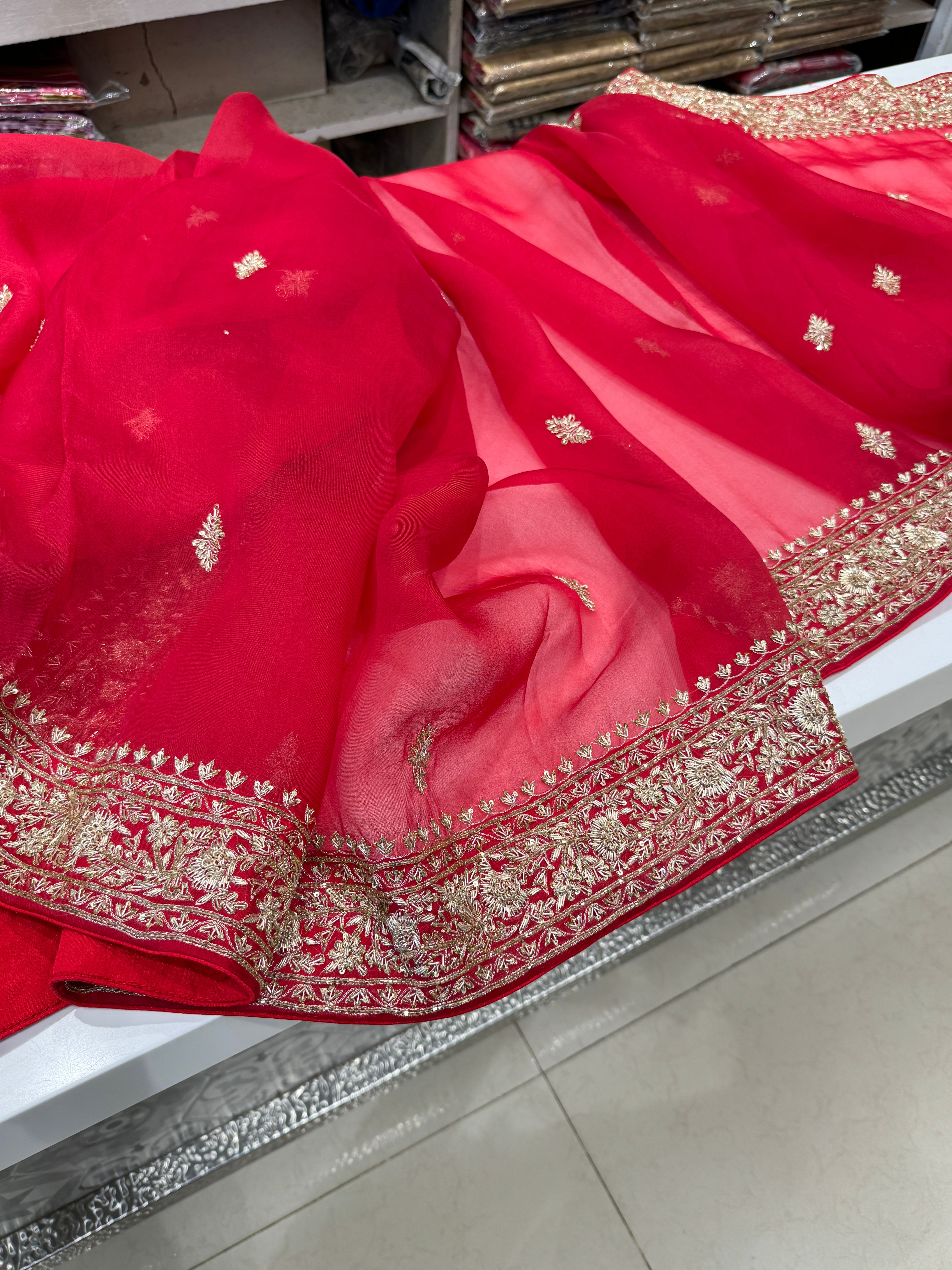 Red Pure Organza Zardosi Embroidery Saree