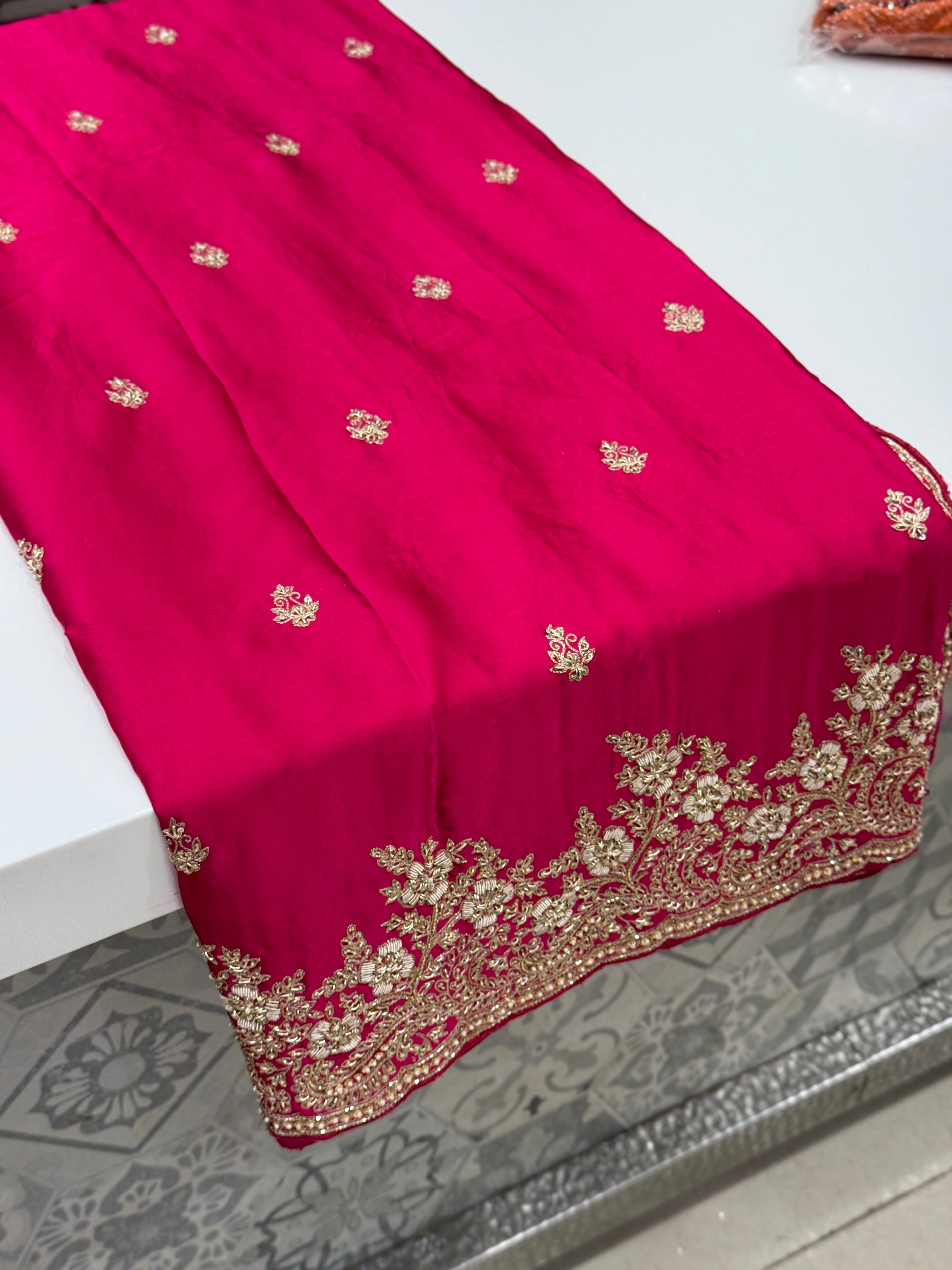 Rani Pink Buttis Satin Hand Embroidery Zardosi Saree