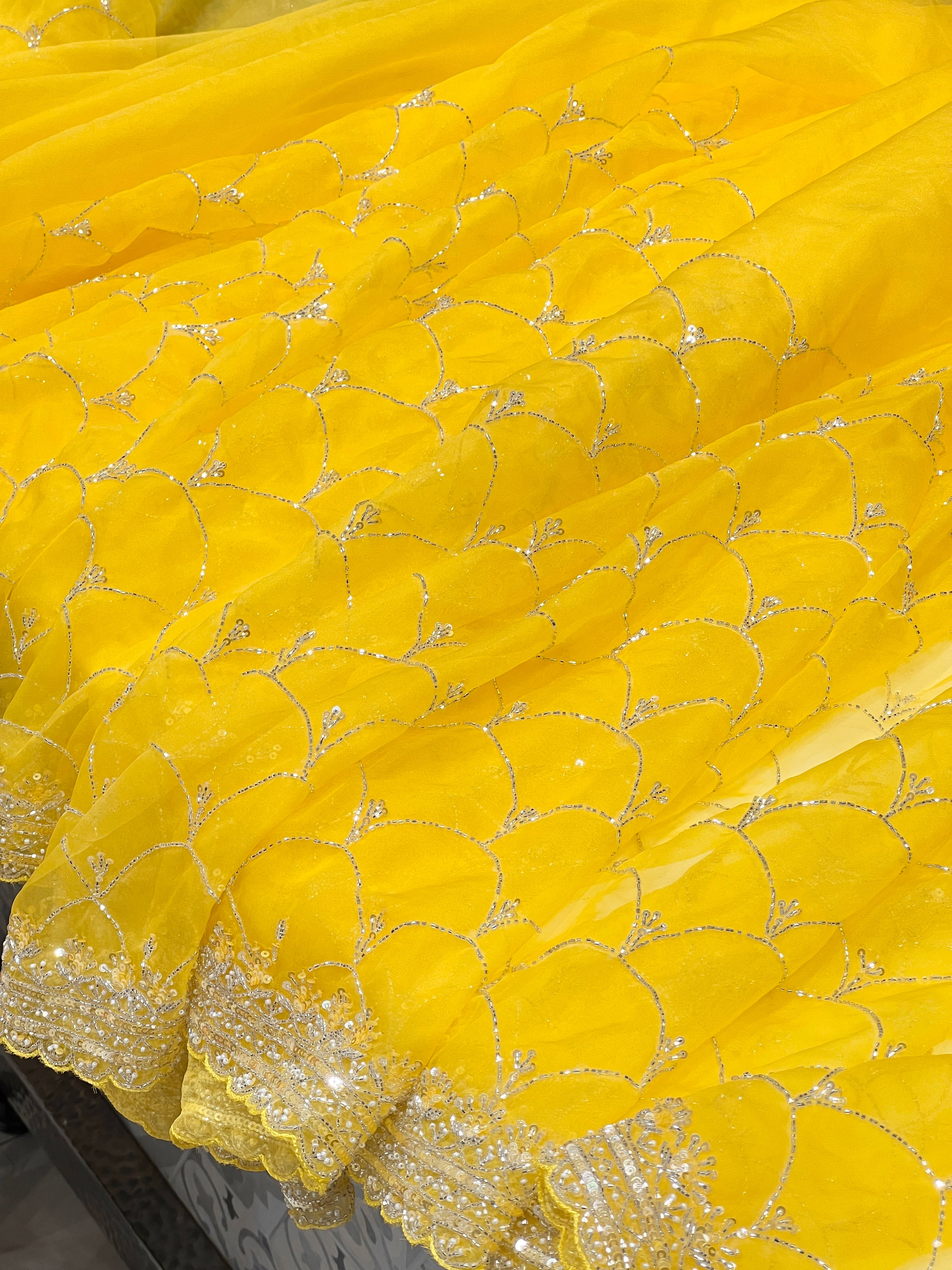 Yellow Organza Scales Pattern Hand Embroidery Saree