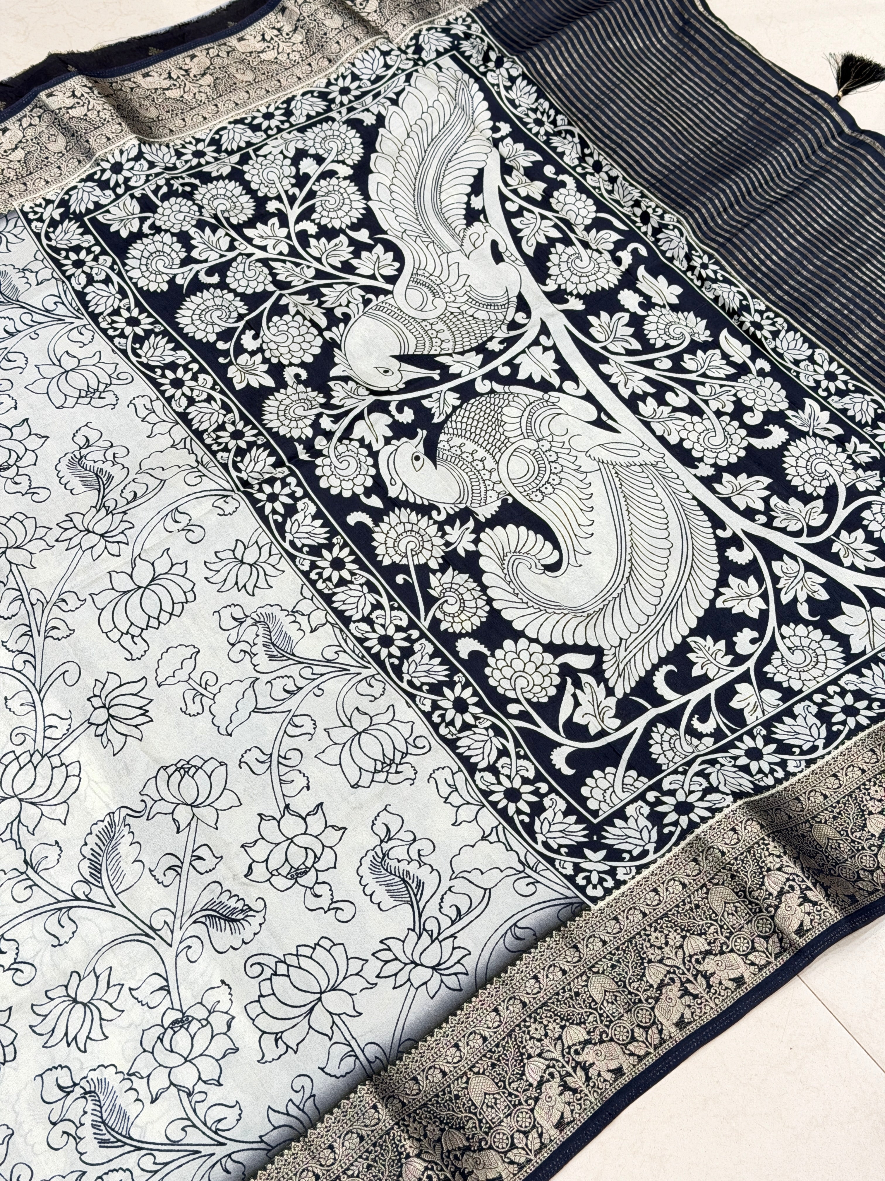 White and Black Printed Kalamkari Munga Silk Saree
