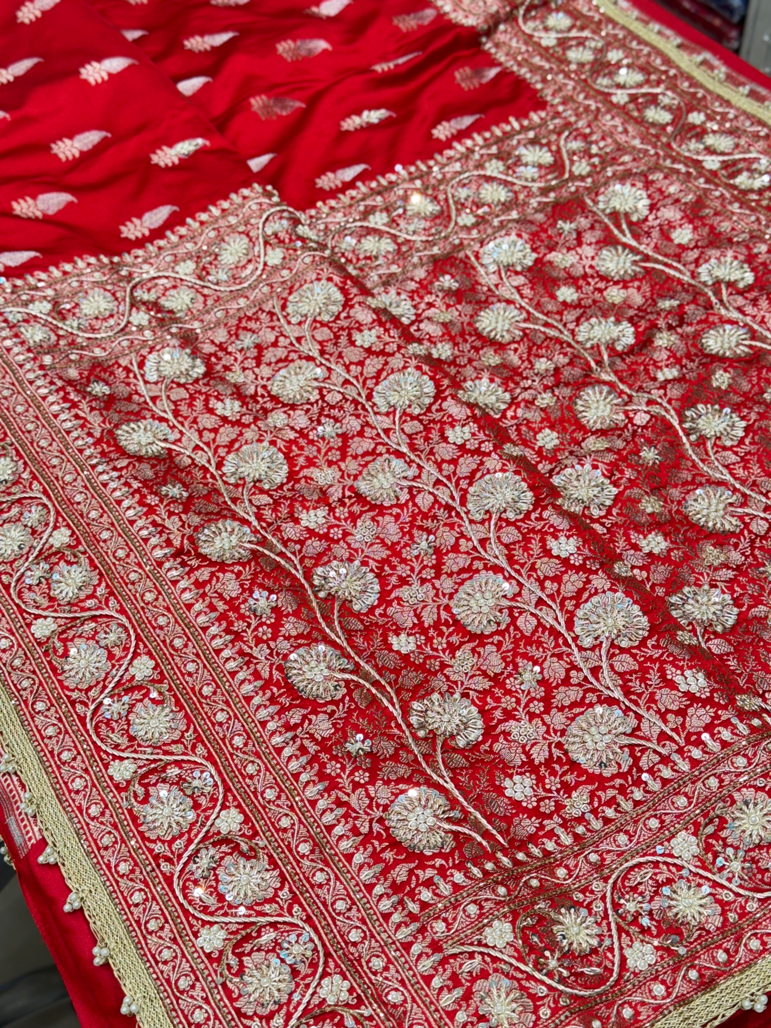 Red Banarasi Japanese Butti Zardosi Hand Embroidery Saree