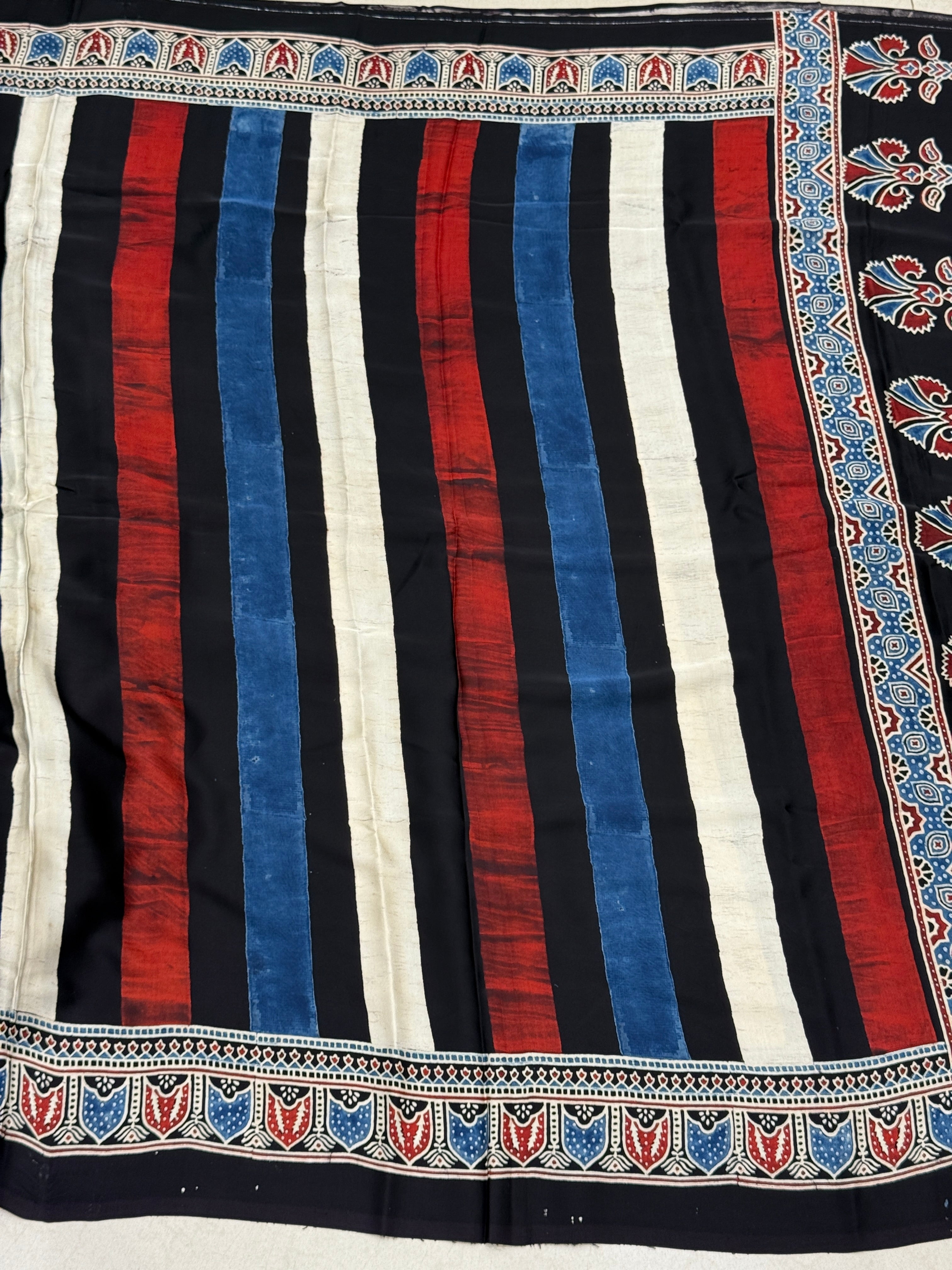 Contemporary Multi Ajrakh Block Print Hand Pure Gajji Silk Saree