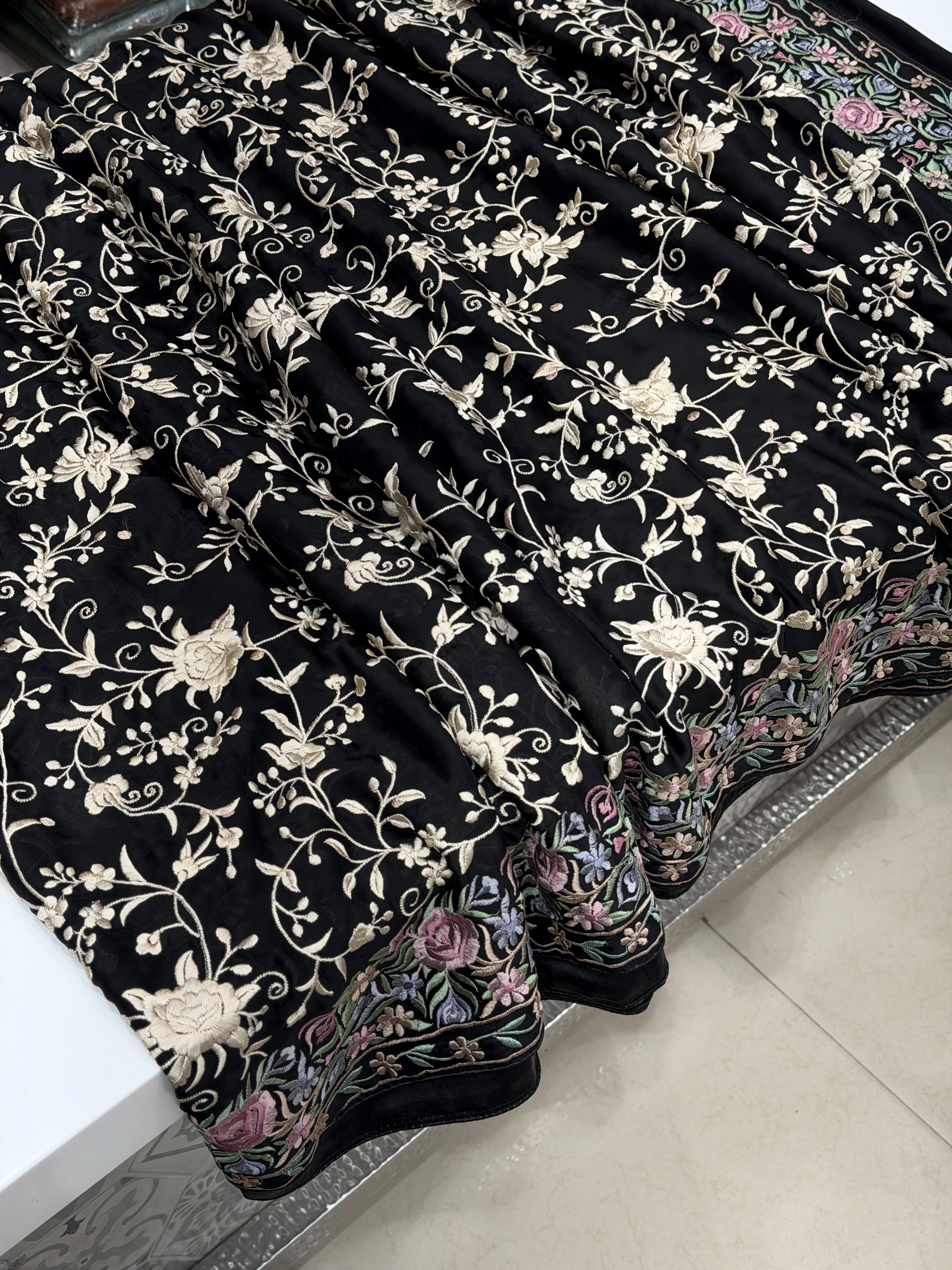 Black Crepe Floral Multi Resham Border Parsi Gara Saree