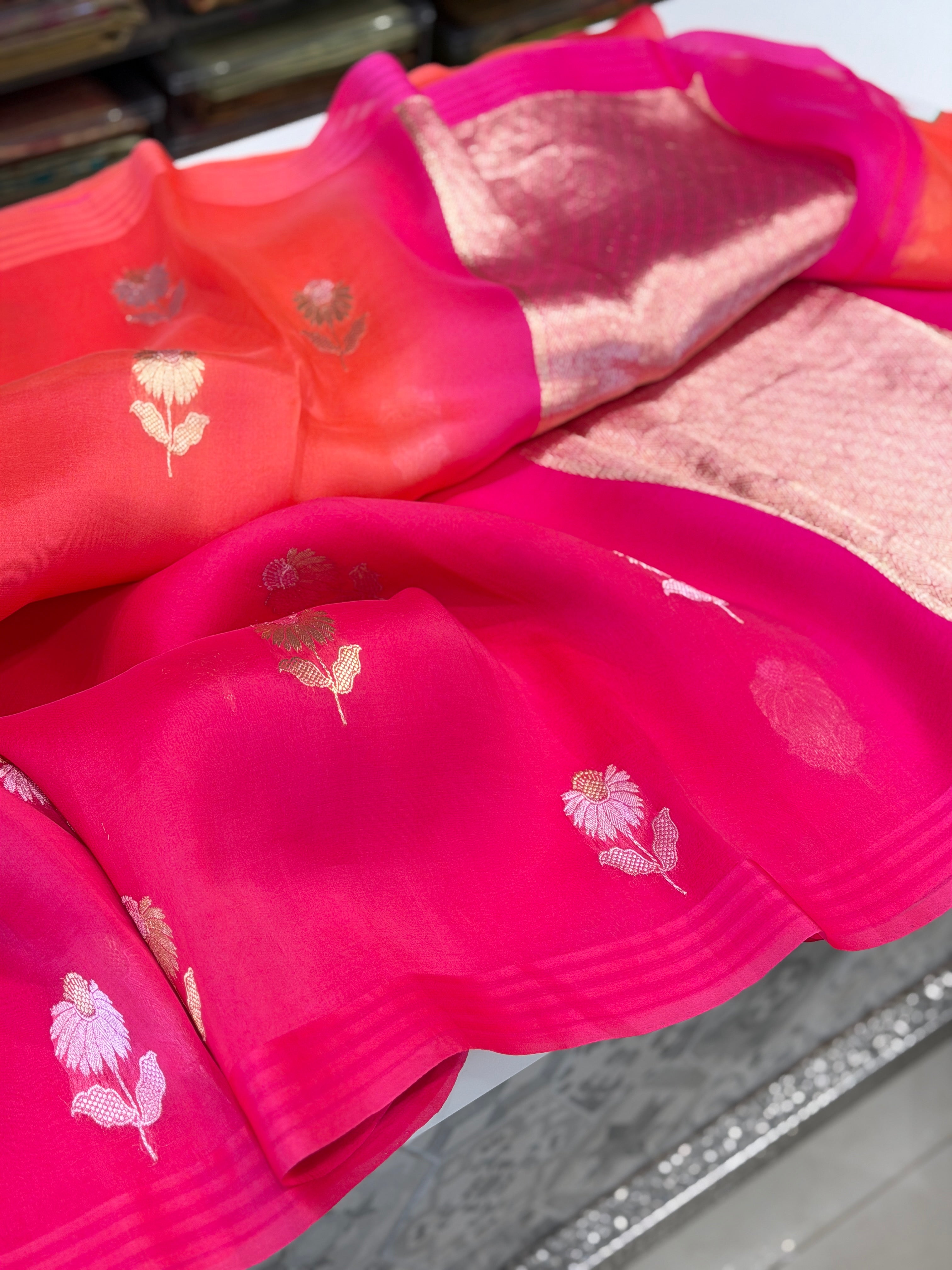 Rani Shaded Banarasi Kora Handloom Saree