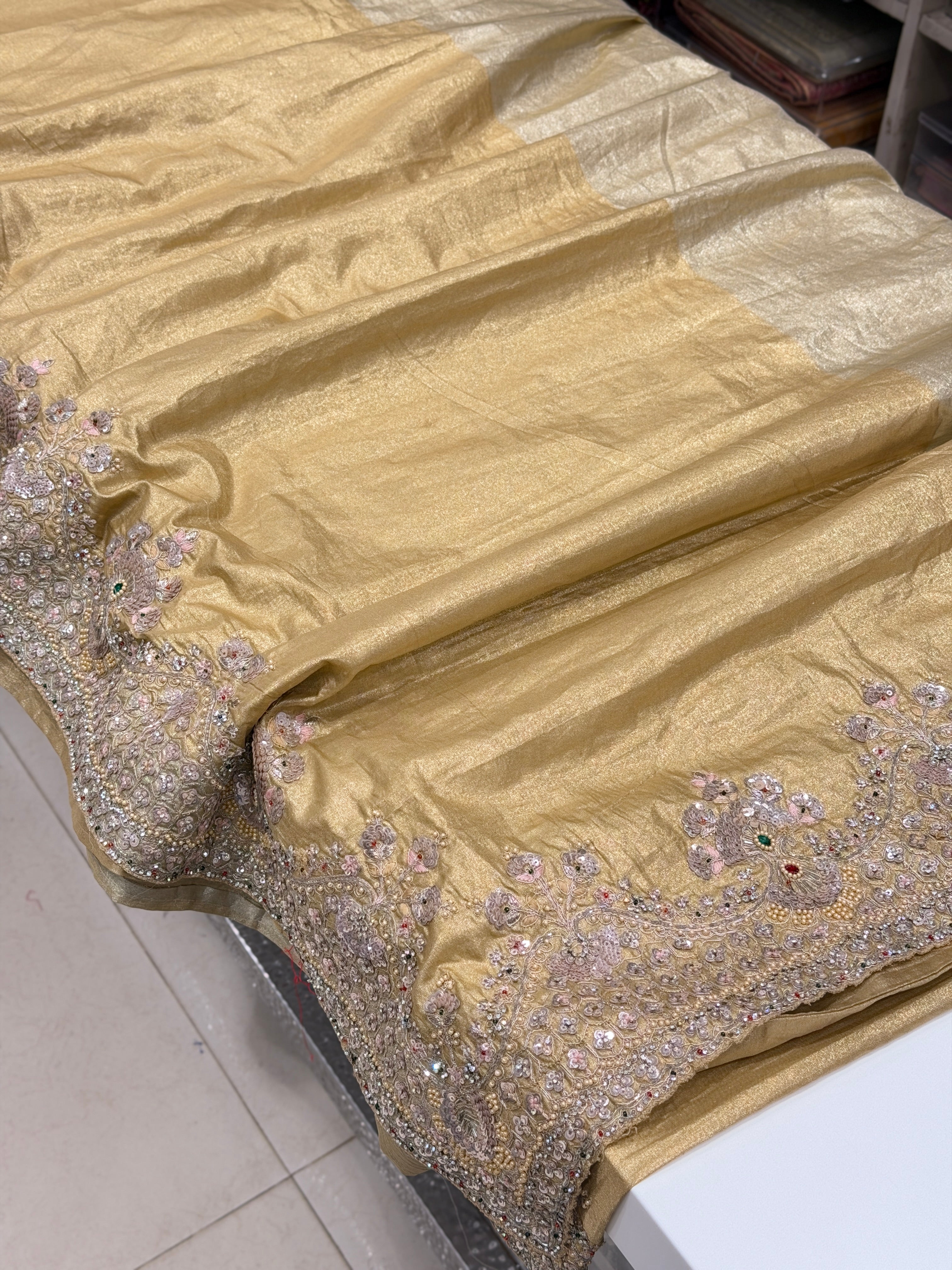 Golden Crushed Paper Tissue Silk Embroidery Saree