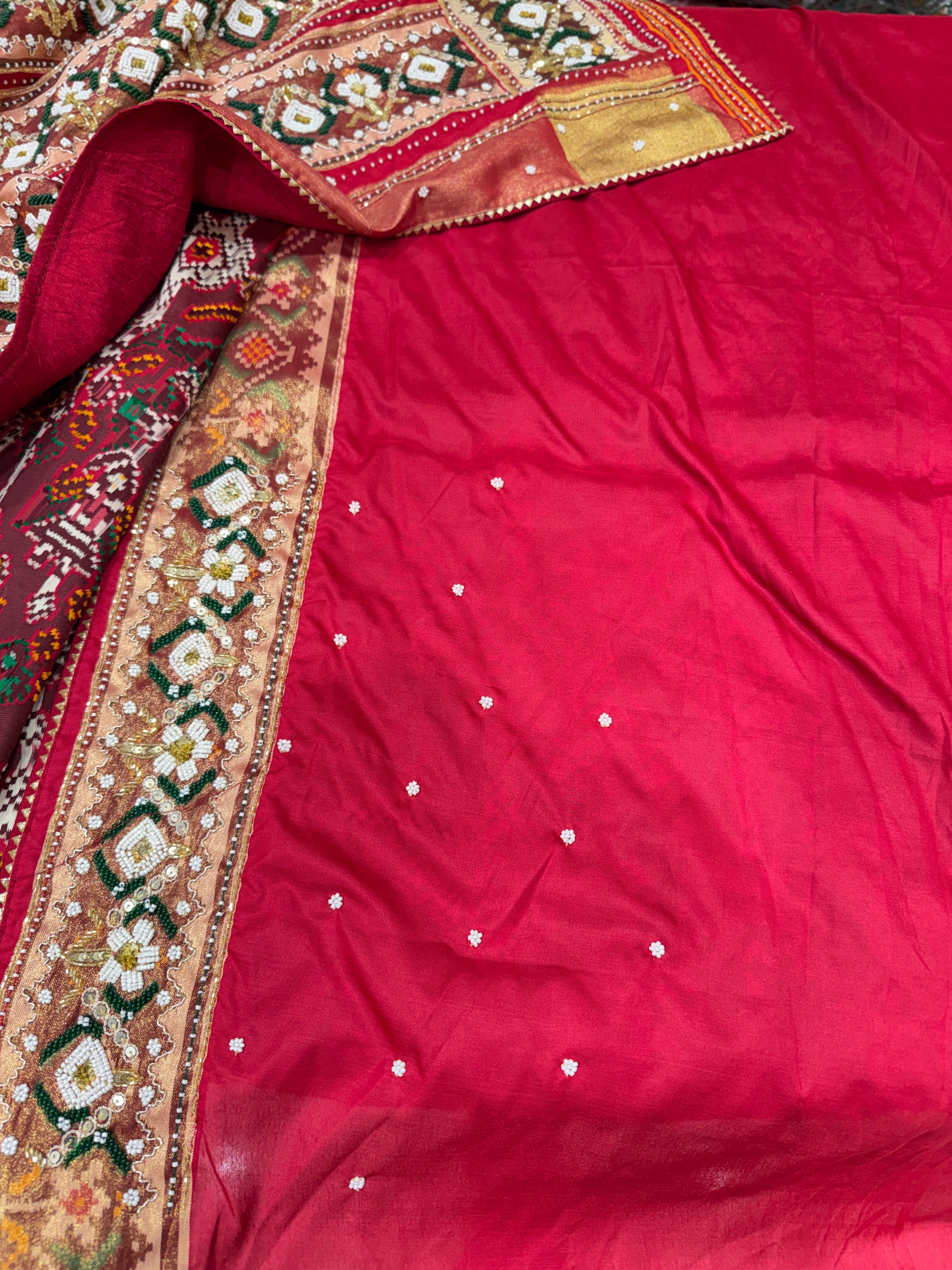 Red Patola Chhabdi Bhat Kidiya Moti Hand Embroidery Patola Saree
