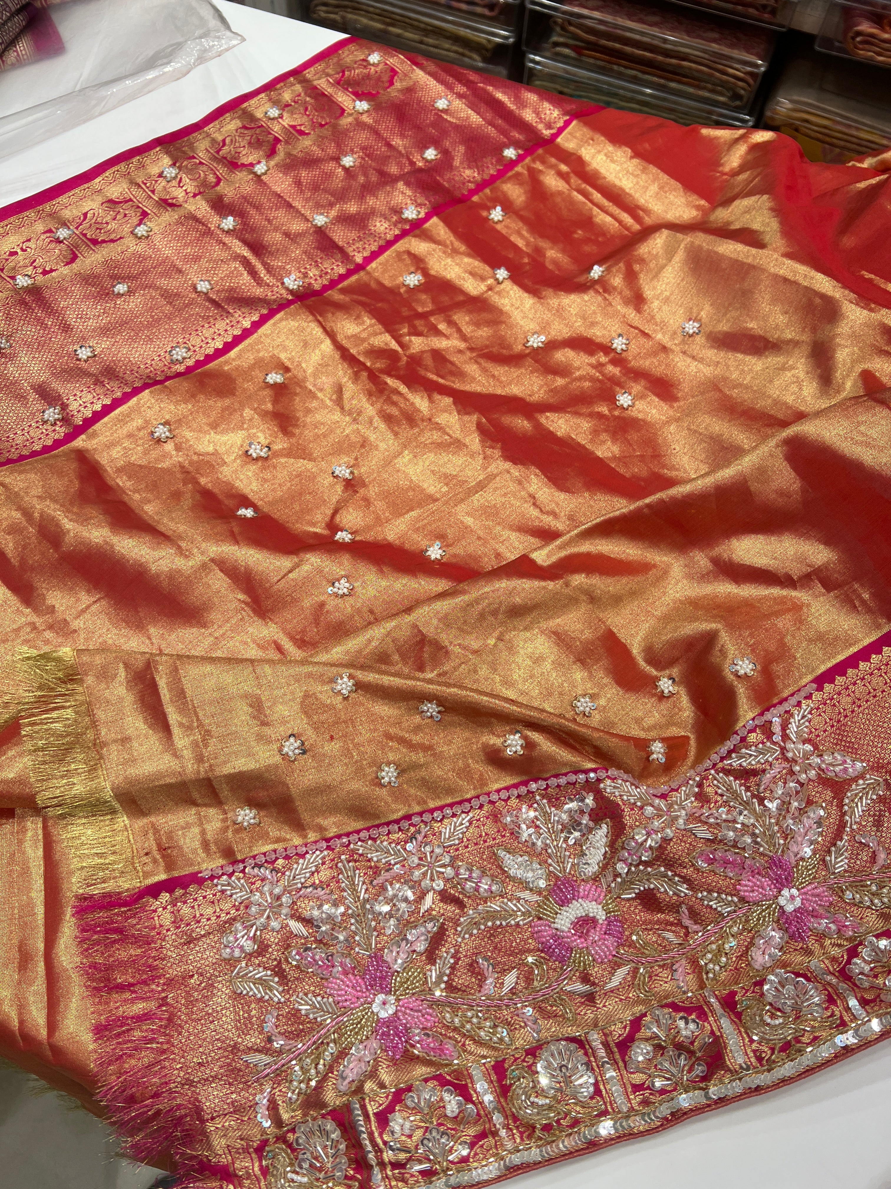 Floral Kanjivaram Moti Zardosi Hand Embroidery Saree