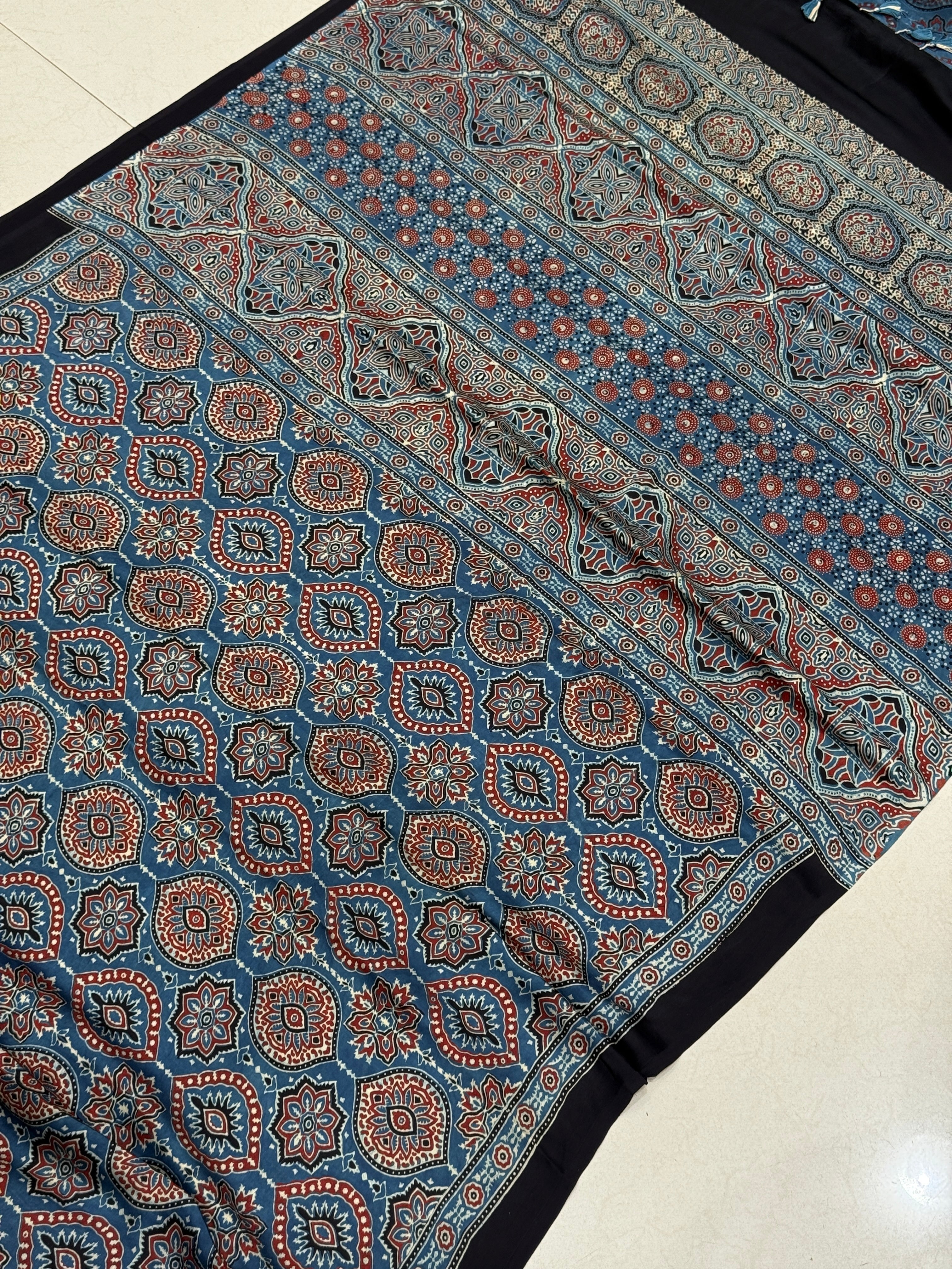 Blue Jewelled Flower Ajrakh Modal Gajji Silk Saree
