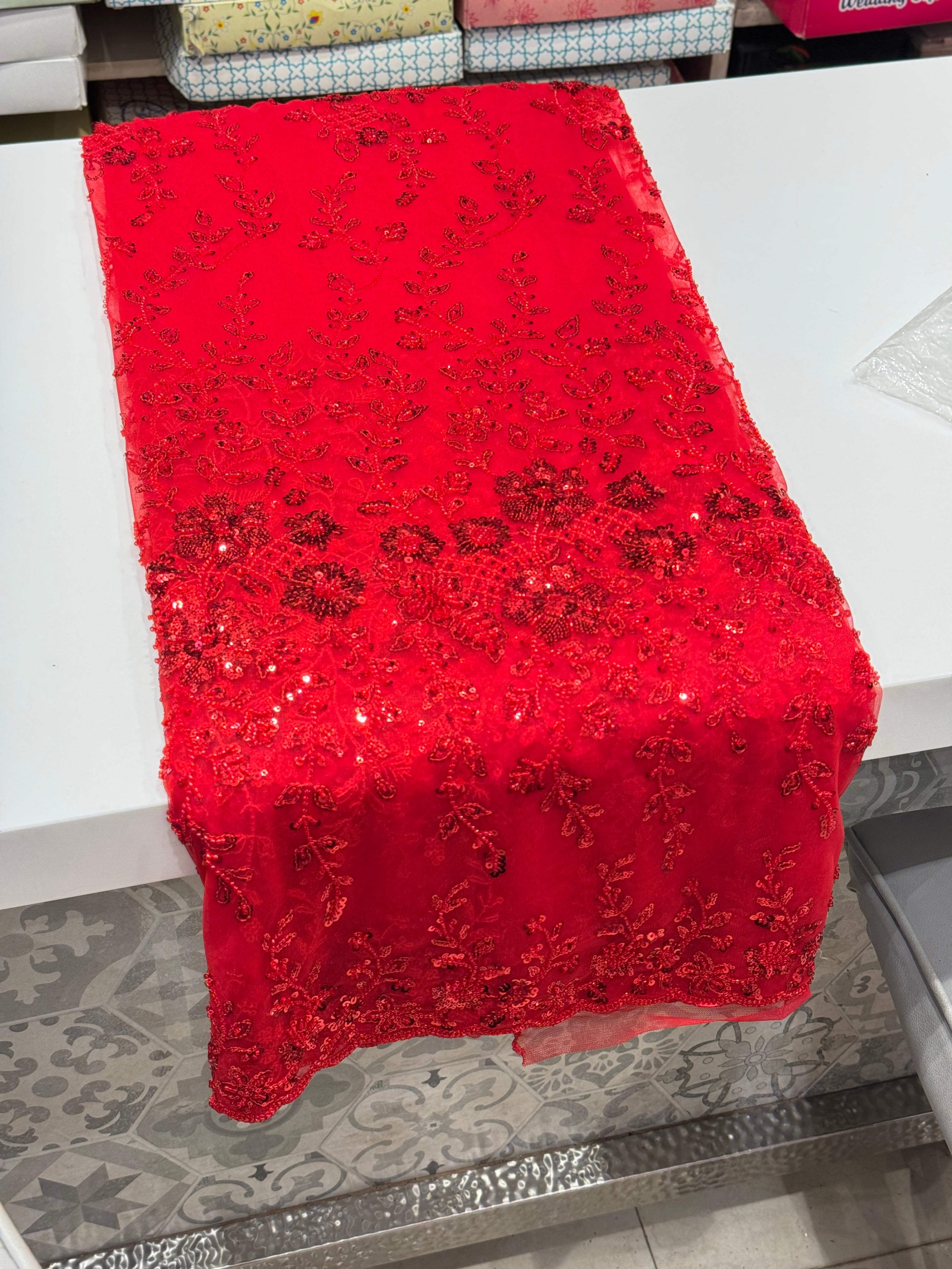 Red Net Embroidery Sequin Saree