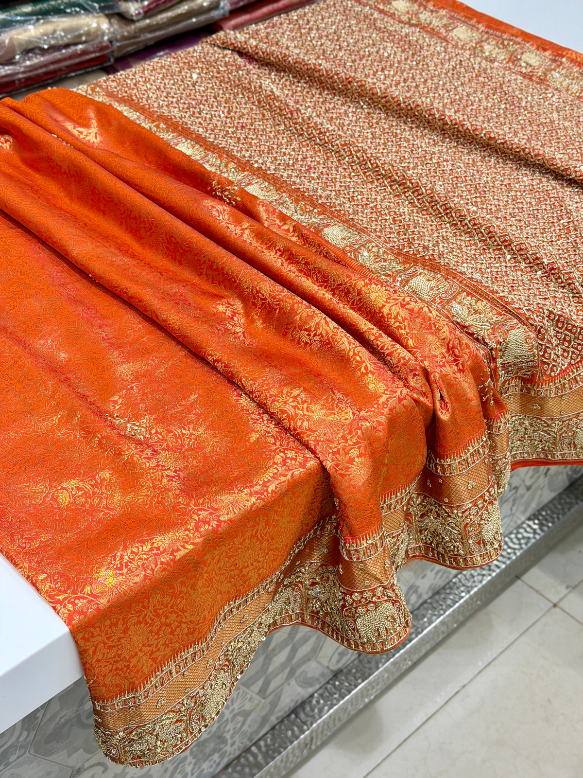 Rust Orange Kanjivaram Elephant Motifs Zardosi Hand Embroidery Saree