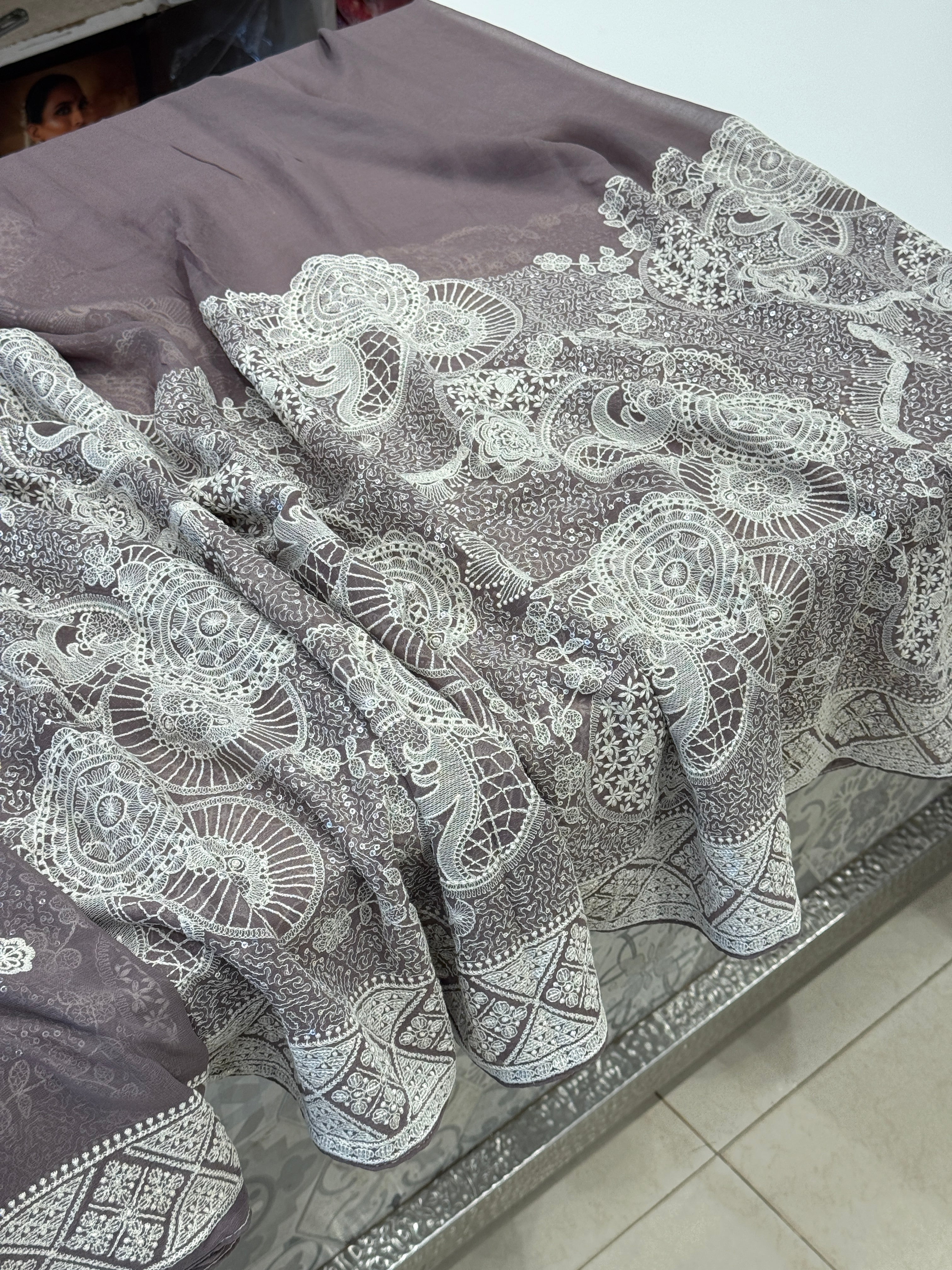 Brownish Grey Chikankari Georgette Jaal Saree