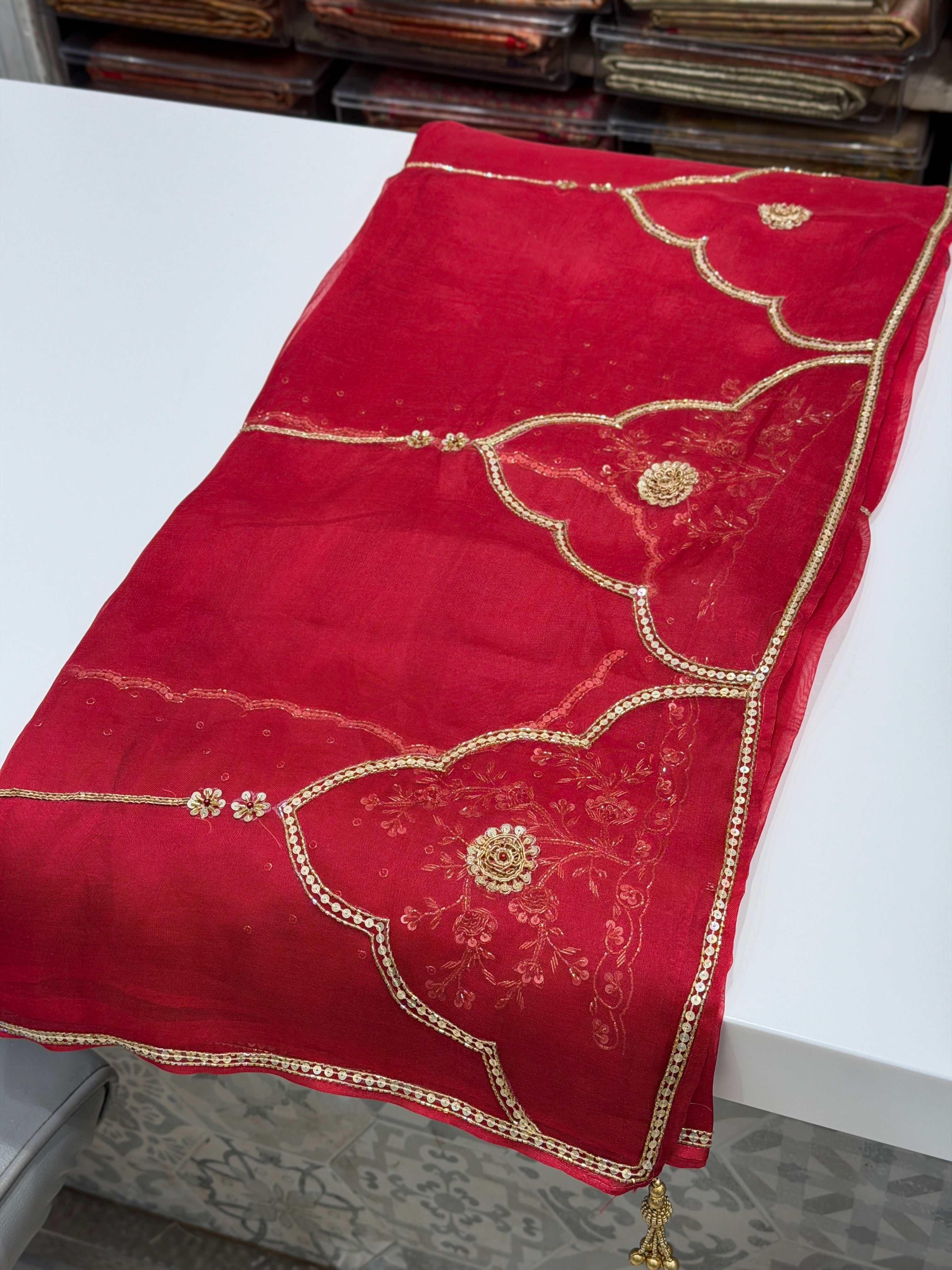 Red Pure Organza Raw Mango Inspired Contemporary Zardodi Moti Sequin Hand Embroidery Saree