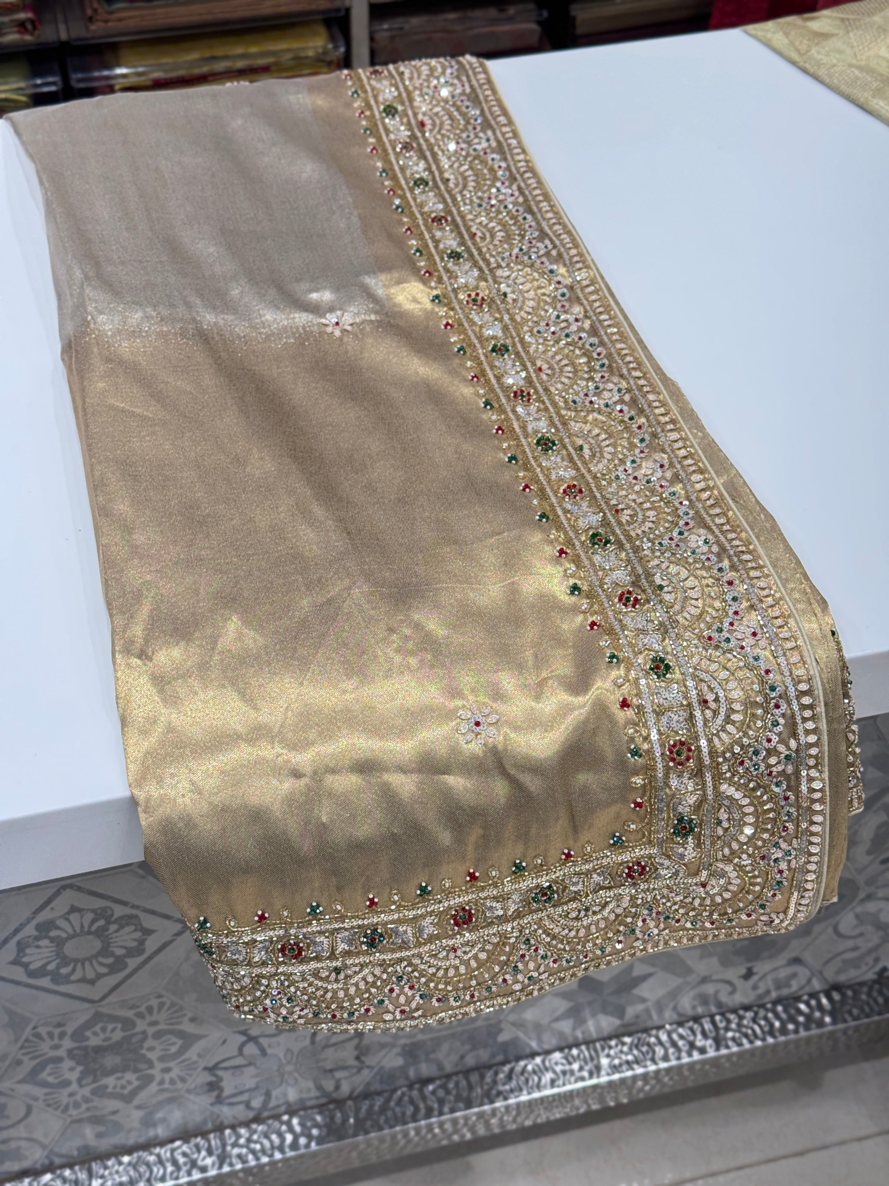Silver Golden Alia Bhatt Inspired Tissue Embroidery Saree