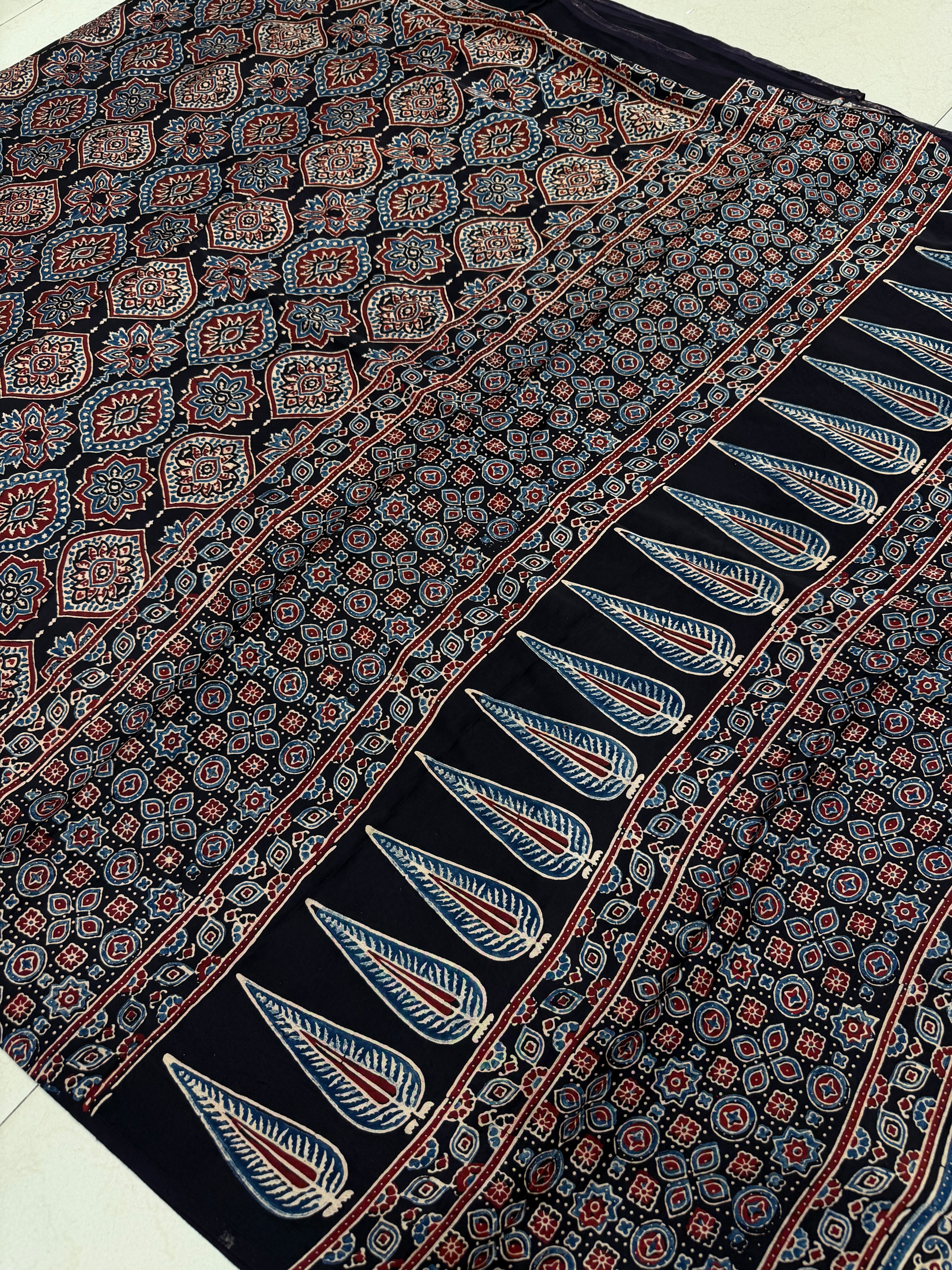 Black Badam Jaal Ajrakh Block Print Hand Pure Gajji Silk Saree
