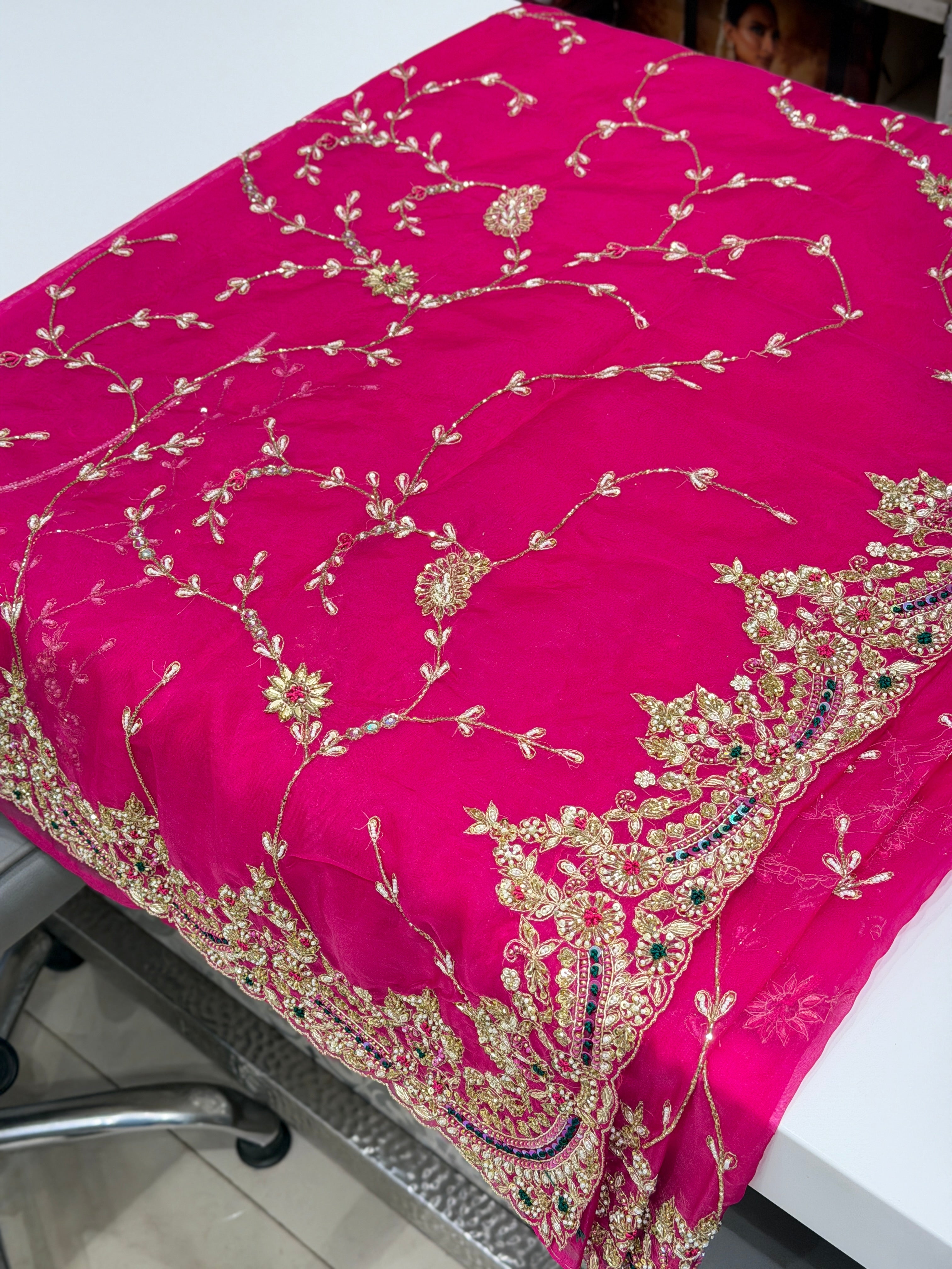 Rani Pink Organza Zardosi Resham Hand Embroidery Saree